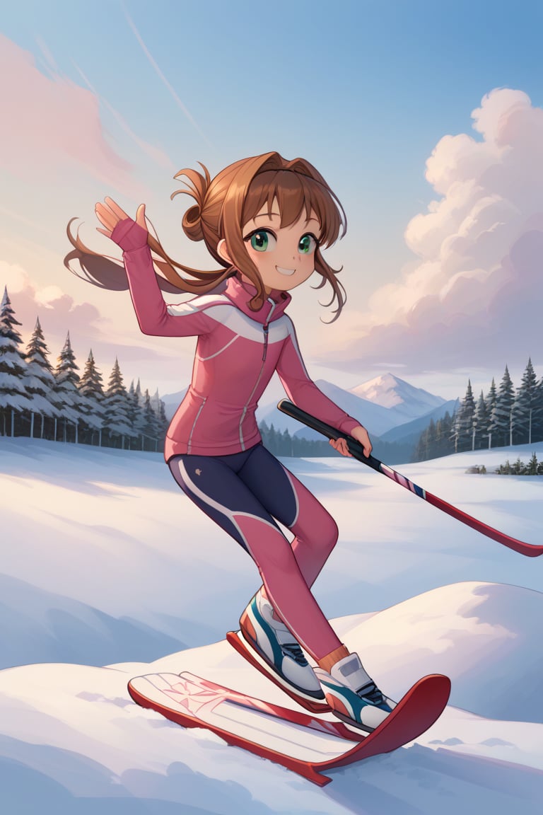 score_9,score_8_up,score_7_up,source_anime, ,//characters, 1girl, Sakura Kinomoto \(kancolle\), brown hair, folded ponytail, long hair, green eyes, (((1girl, flat chest, loli))), ,//situations, outdoor, snow, sky, blue_sky, cloud, ski resorts ,//pose, (((skiing))), ski outfit, smile, ,/LoRA, beautiful_female_fingers, perfect anatomy, pretty hands, expressive, concept art, reset_Kalar, furuderika_pony, totori_pony, tillday_shape, Urza_Planeis,