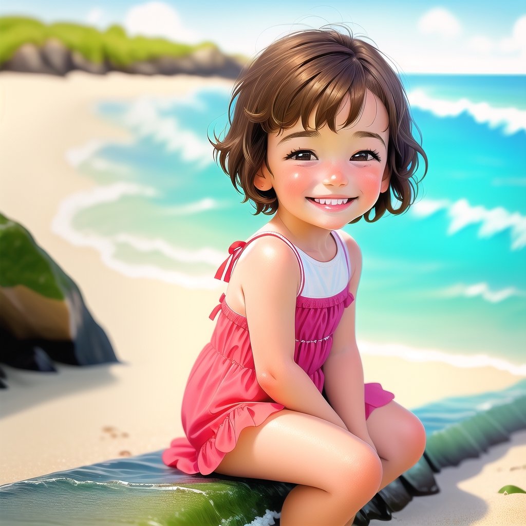 Portrait scene of a 3 year old child smiling at the beach in semi-realistic cartoon style on top of the beach sand.  She has short brown hair, dark brown eyes and is sitting on the beach with her legs closed, looking at the waves gently lapping at the shore.  (portrait 15×15)