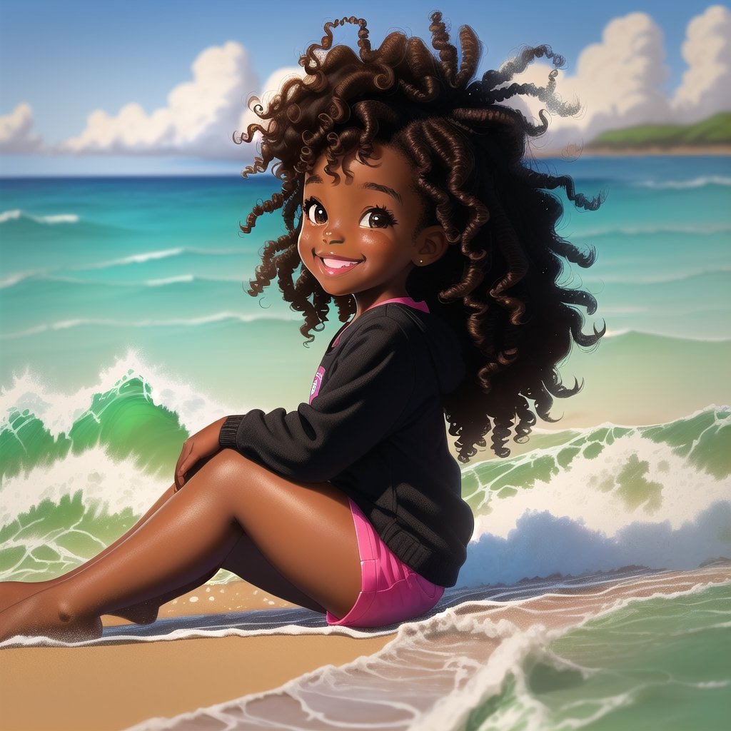 Portrait scene of a 3 year old black child smiling on the beach in semi realistic cartoon style on top of the beach sand.  She has curly brown hair, dark brown eyes and is sitting on the beach with her legs closed, looking at the waves gently crashing onto the shore.  (portrait 15×15)