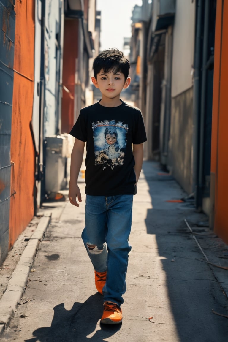 Realistic photo of a 6 year old boy, super detailed face, fat, wearing torn blue jeans, black shirt that says "I'M HANDSOME", walking with an orange cat, background in a residential alley