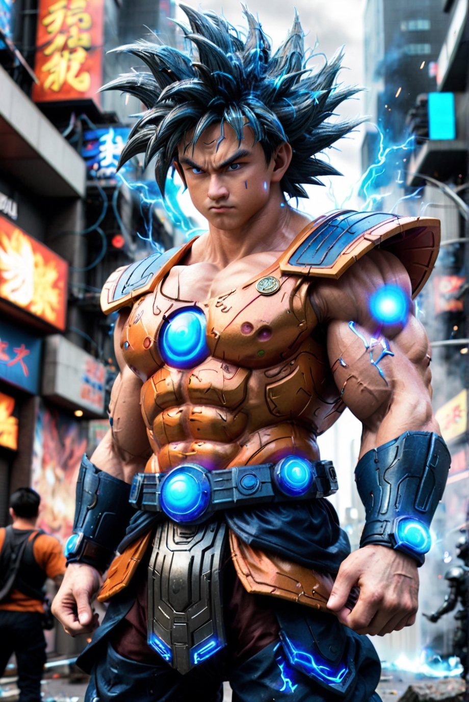 Super detailed live-action Dragon Ball Goku, strong exaggerated body, surrounded by blue energy, wearing armor, cyberpunk city, movie environment.