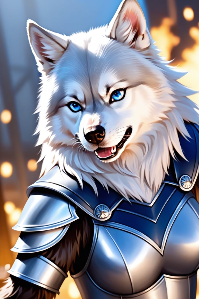 masterpiece,  wookcut,a Woman in her 30´s, Werwolf, dog like face, blue eyes, black and white fur, lycanthropy, in an Armor, with a sword, 16K, cute face, detailed ,realistic picture, ((full bang)), Fantasy,Realism,toon, extreme realism, intricate details, ultra quality, 8k UHD, claw pose,werewolf,elza,WhiteWolf