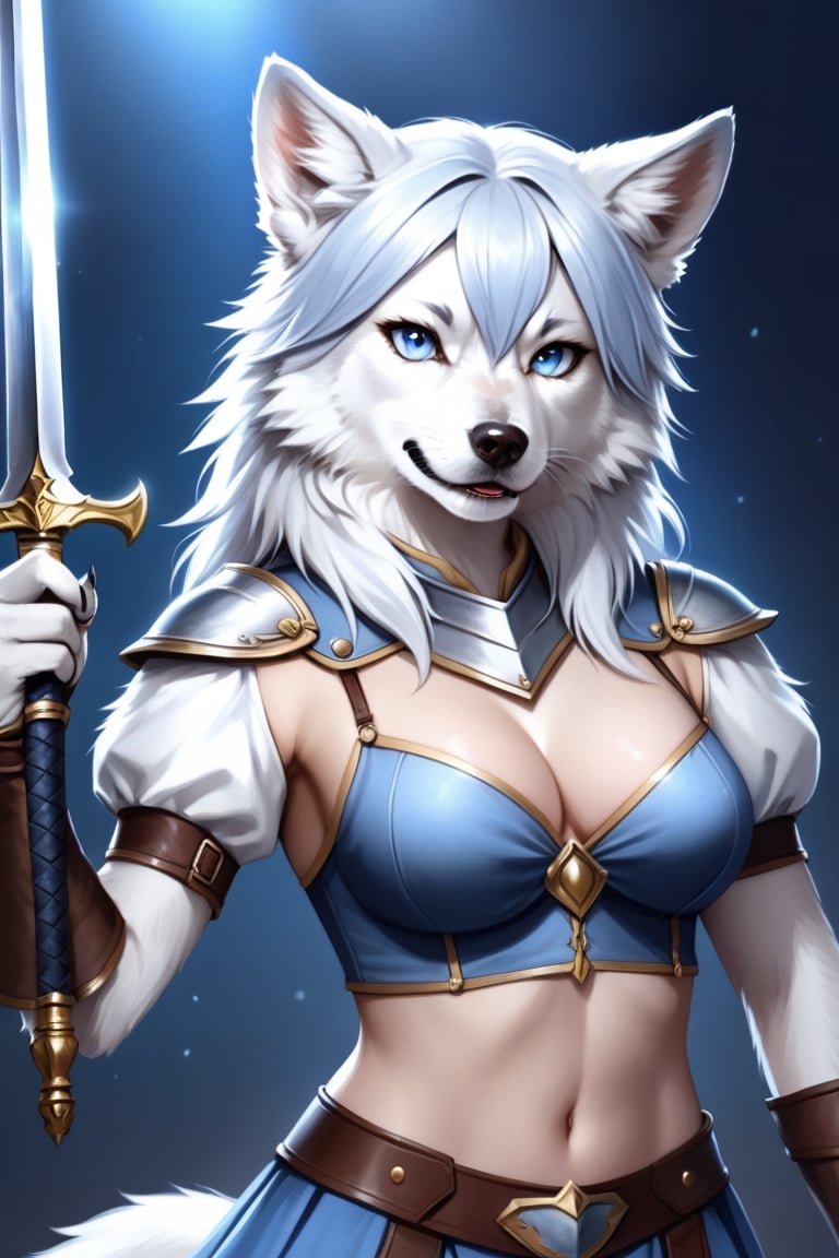 masterpiece,  wookcut,a Woman in her 30´s, Werwolf, dog like face, blue eyes, black and white fur, lycanthropy, in an Armor, with a sword, 16K, cute face, detailed ,realistic picture, ((full bang)), Fantasy,Realism,toon, extreme realism, intricate details, ultra quality, 8k UHD, claw pose,werewolf,elza,WhiteWolf