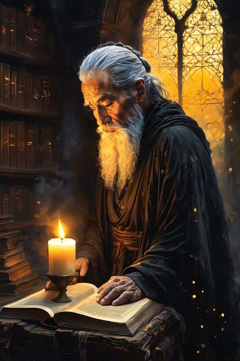 A wise old man and an Islamic scholar with an appearance similar to Gandalf wearing a black turban. Sitting alone, shrouded in darkness, a mysterious white cloak wrapped around him. Behind him in the library room with a window with Islamic architecture. There are books and materials with old laboratory glassware. He holds an open book, the yellow pages lit by the soft glow of candles on a nearby stand. Flickering flames dance across her pale face, casting eerie shadows as she reads intently from an ancient tome. A skull rests on a plinth nearby, its blank gaze seeming to watch over the wise old scholar's quiet devotion.