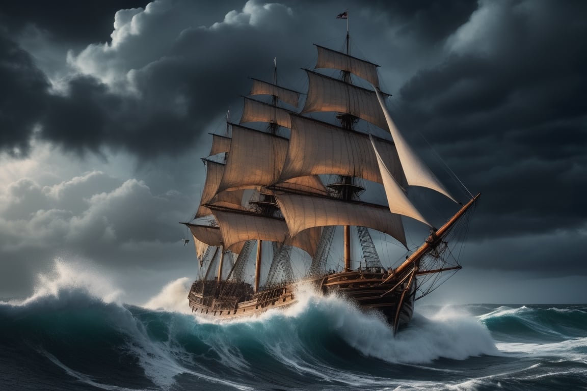 High quality picture, picture perfect, 8k, perfect details, an old sailing ship in the middle of the ocean on a stormy night with big waves, but the sailing ship is very big and can withstand the big waves, wooden ship، Dream ship, very beautiful ship, fantasy ship