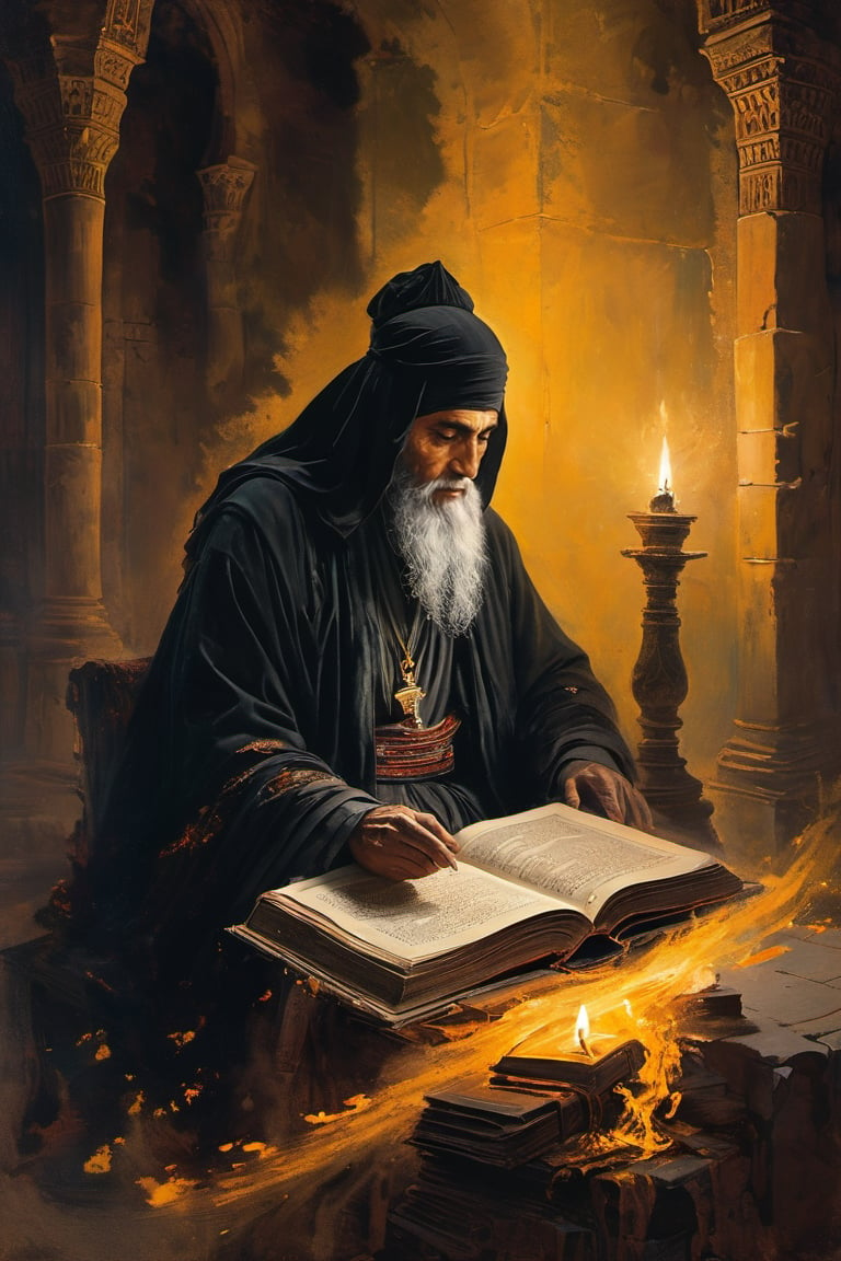 A wise old man and an Islamic scholar with an appearance similar to Ibn Sina, who wears a white turban. Sitting alone, shrouded in darkness, his hood up and a mysterious white cloak wrapped around him. He holds an open book, the yellow pages lit by the soft glow of candles on a nearby stand. Flickering flames dance across her pale face, casting eerie shadows as she reads intently from an ancient tome. A skull rests on a plinth nearby, its blank gaze seeming to watch over the wise old scholar's quiet devotion.