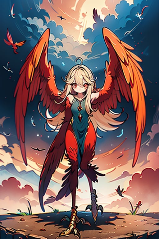 masterpiece, best quality, harpy, standing, Double slitted tapered tunic, long hair, no hands,light blonde hair, harpy wings, bird legs, bird hands, wings for arms, bird tail, harpy woman, bird woman, red eyes, orange feathers, spread wings.
