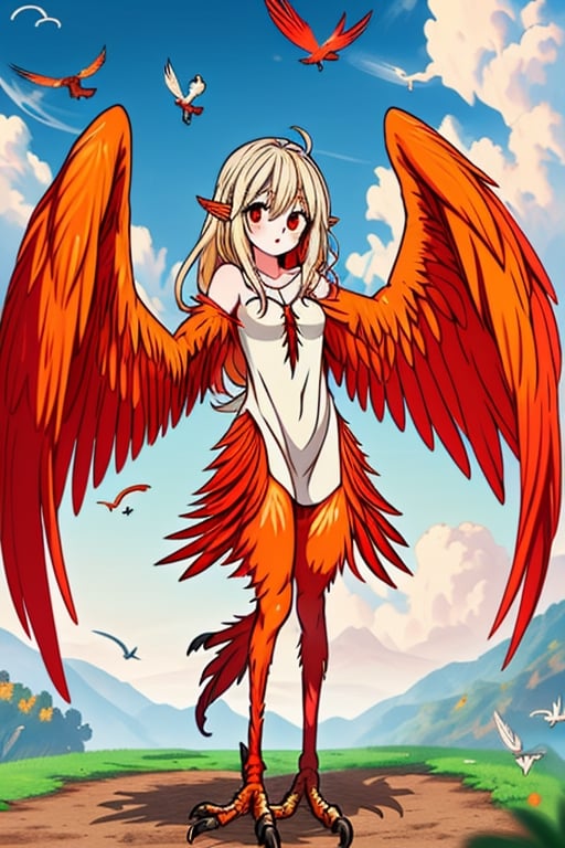 masterpiece, best quality, harpy, standing, Double slitted tapered tunic, long hair, no hands,light blonde hair, harpy wings, bird legs, bird hands, wings for arms, bird tail, harpy woman, bird woman, red eyes, orange feathers, spread wings.
