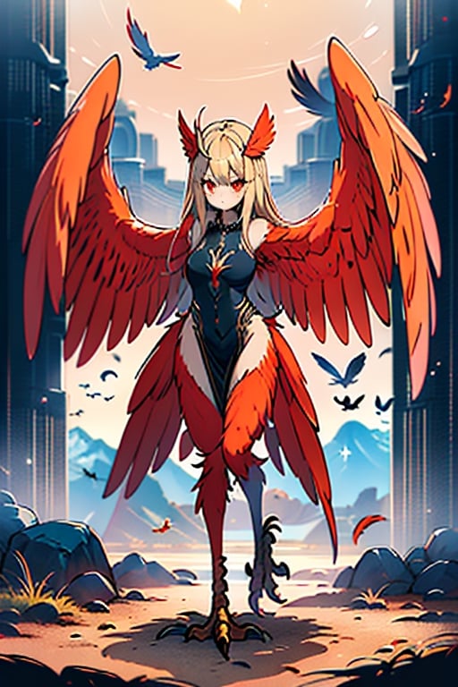 masterpiece, best quality, harpy, standing, Double slitted tapered tunic, long hair, no hands,light blonde hair, harpy wings, bird legs, bird hands, wings for arms, bird tail, harpy woman, bird woman, red eyes, orange feathers, spread wings.
