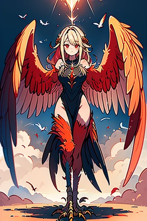 masterpiece, best quality, harpy, standing, Double slitted tapered tunic, long hair, no hands,light blonde hair, harpy wings, bird legs, bird hands, wings for arms, bird tail, harpy woman, bird woman, red eyes, orange feathers, spread wings.
