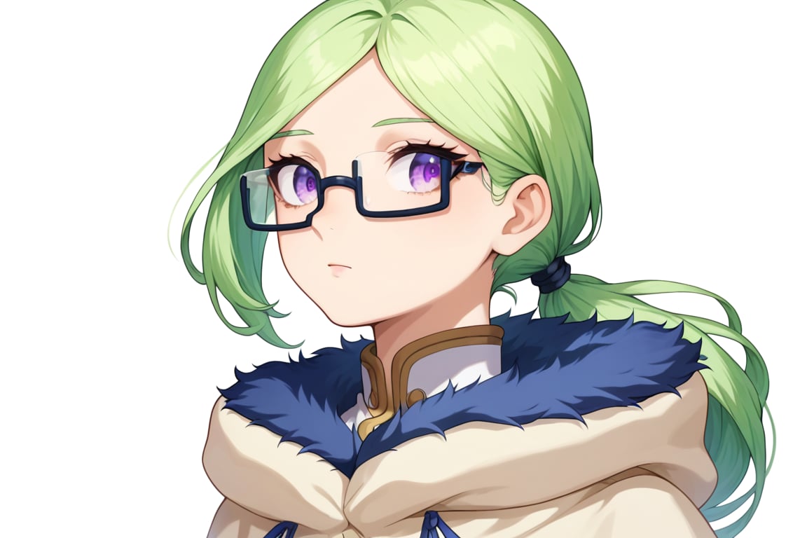 , score_9, score_8_up, score_7_up, slimes_letoile, woman,, glasses, purple eyes, green hair girl, long hair, low ponytail, 1girl, ((bangs parted from center,  parted_bangs)),  ,
 







 ,(( white background, blank background))