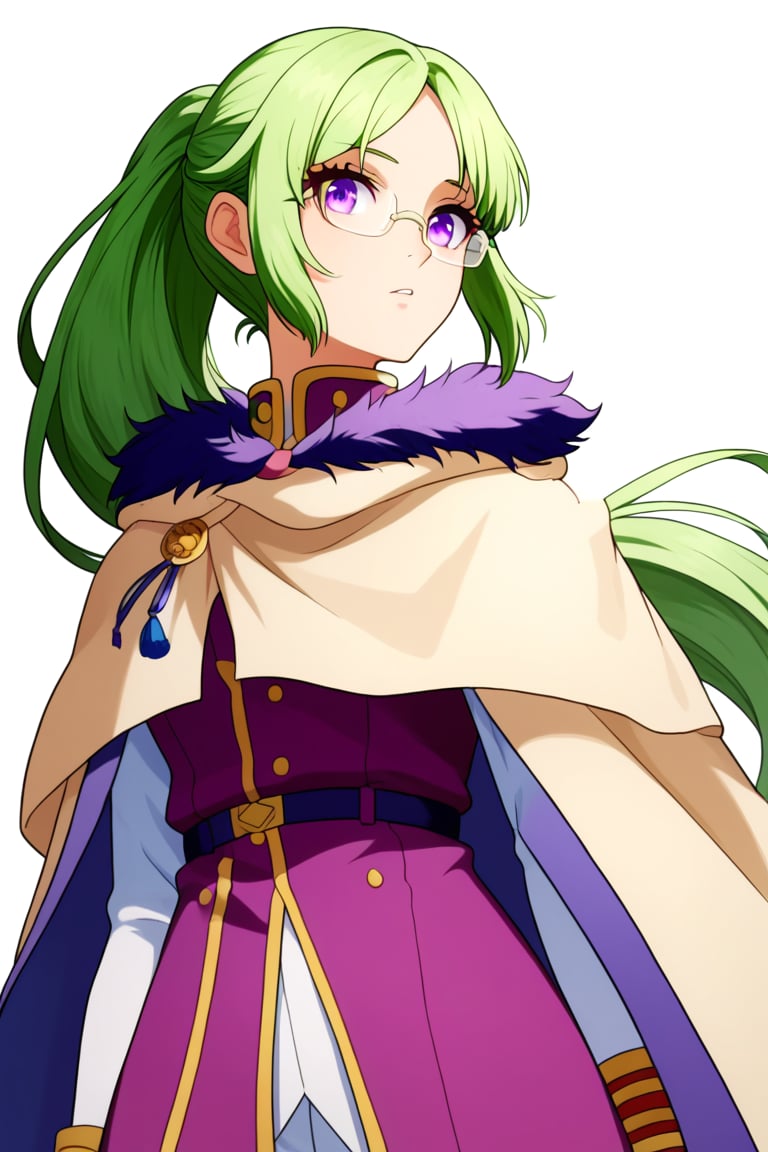 , score_9, score_8_up, score_7_up, slimes_letoile, woman,, glasses, purple eyes, green hair girl, long hair, low ponytail, 1girl, ((bangs parted from center,  parted_bangs)),  ,
 
, COWBOY SHOT,


,Letoile is a bespectacled young woman of below average height with purple eyes and long, green hair tied in a ponytail. She is usually seen wearing the Golden Dawn's squad robes., CAPE, FUR TRIM,




 ,(( white background, blank background))