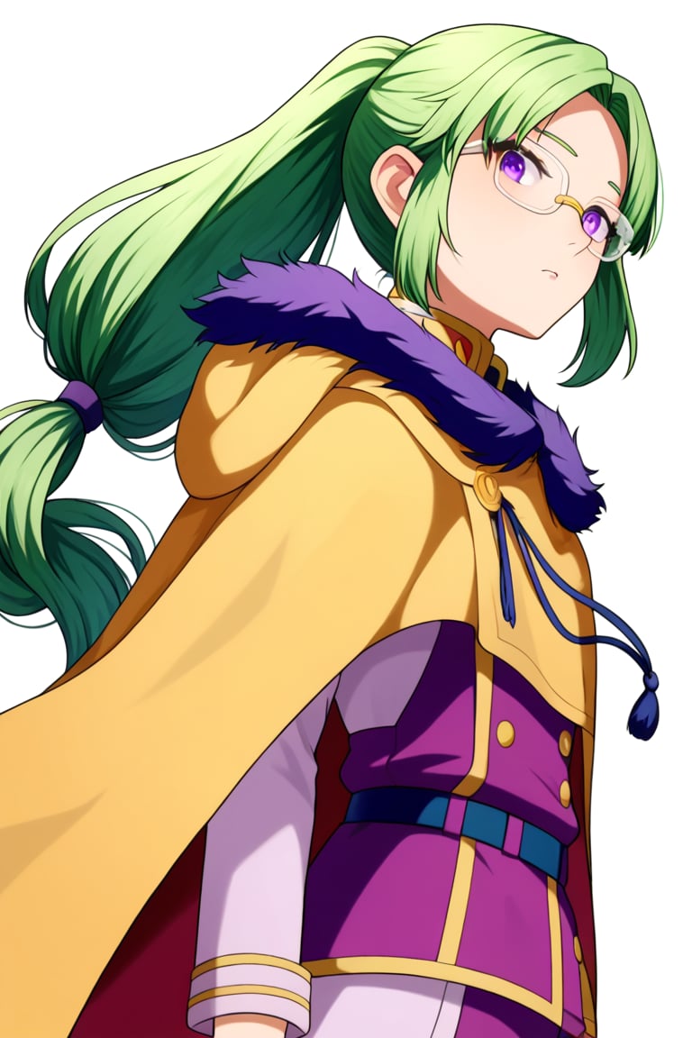 , score_9, score_8_up, score_7_up, slimes_letoile, woman,, glasses, purple eyes, green hair girl, long hair, low ponytail, 1girl, ((bangs parted from center,  parted_bangs)),  ,
 
, COWBOY SHOT,


,Letoile is a bespectacled young woman of below average height with purple eyes and long, green hair tied in a ponytail. She is usually seen wearing the Golden Dawn's squad robes.,CAPE, blue FUR TRIM,




 ,(( white background, blank background))