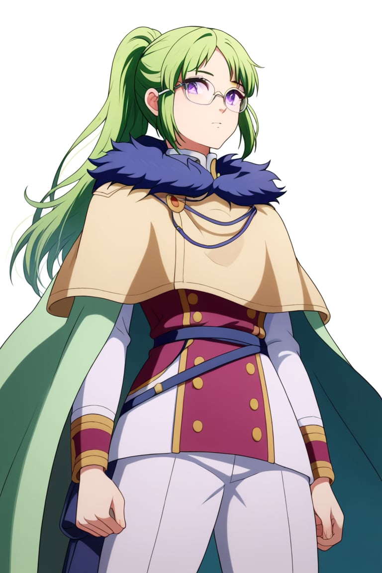 , score_9, score_8_up, score_7_up, slimes_letoile, woman,, glasses, purple eyes, green hair girl, long hair, ponytail, 1girl, ((bangs parted from center,  parted_bangs)),  ,
 
, COWBOY SHOT,


,Letoile is a bespectacled young woman of below average height with purple eyes and long, green hair tied in a ponytail. She is usually seen wearing the Golden Dawn's squad robes.,CAPE, blue FUR TRIM,




 ,(( white background, blank background))