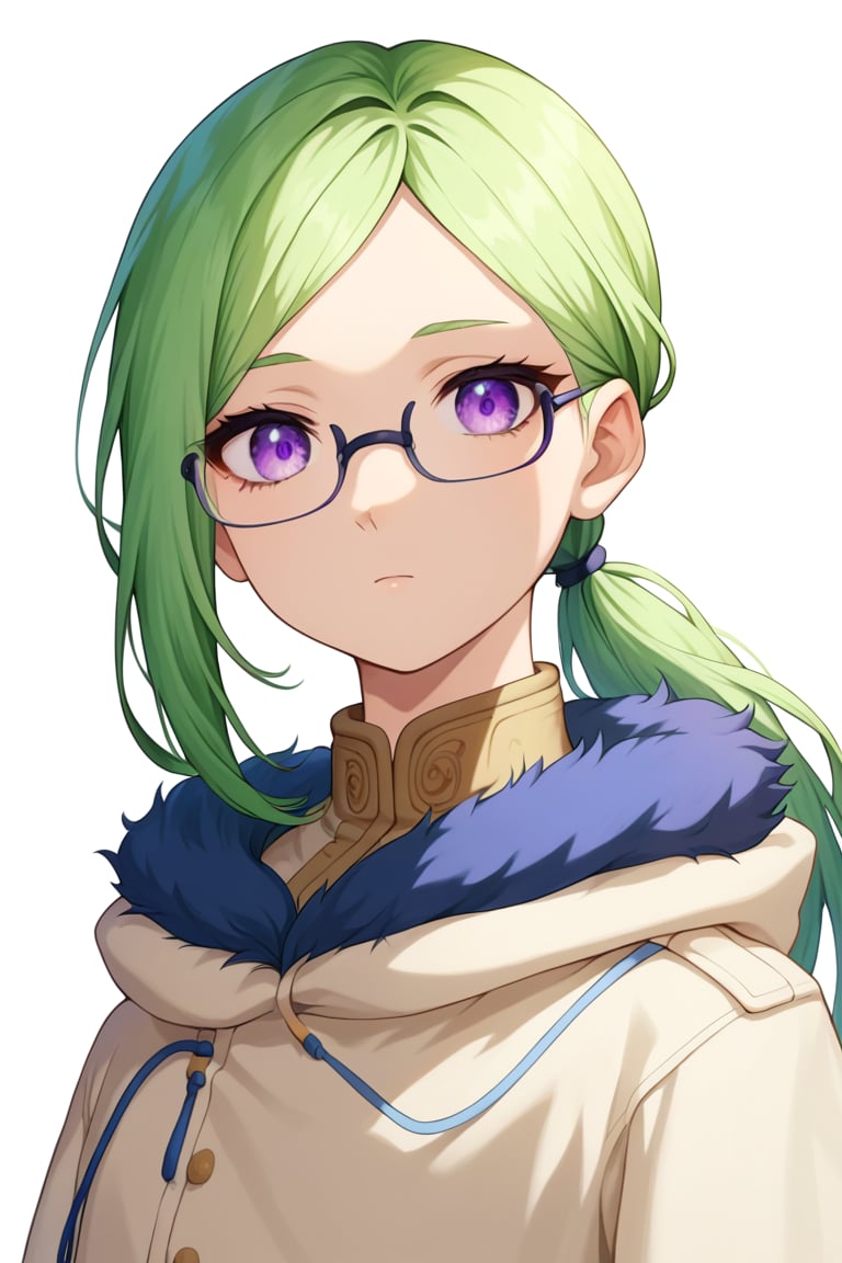 , score_9, score_8_up, score_7_up, slimes_letoile, woman,, glasses, purple eyes, green hair girl, long hair, low ponytail, 1girl, ((bangs parted from center,  parted_bangs)),  ,
 







 ,(( white background, blank background))