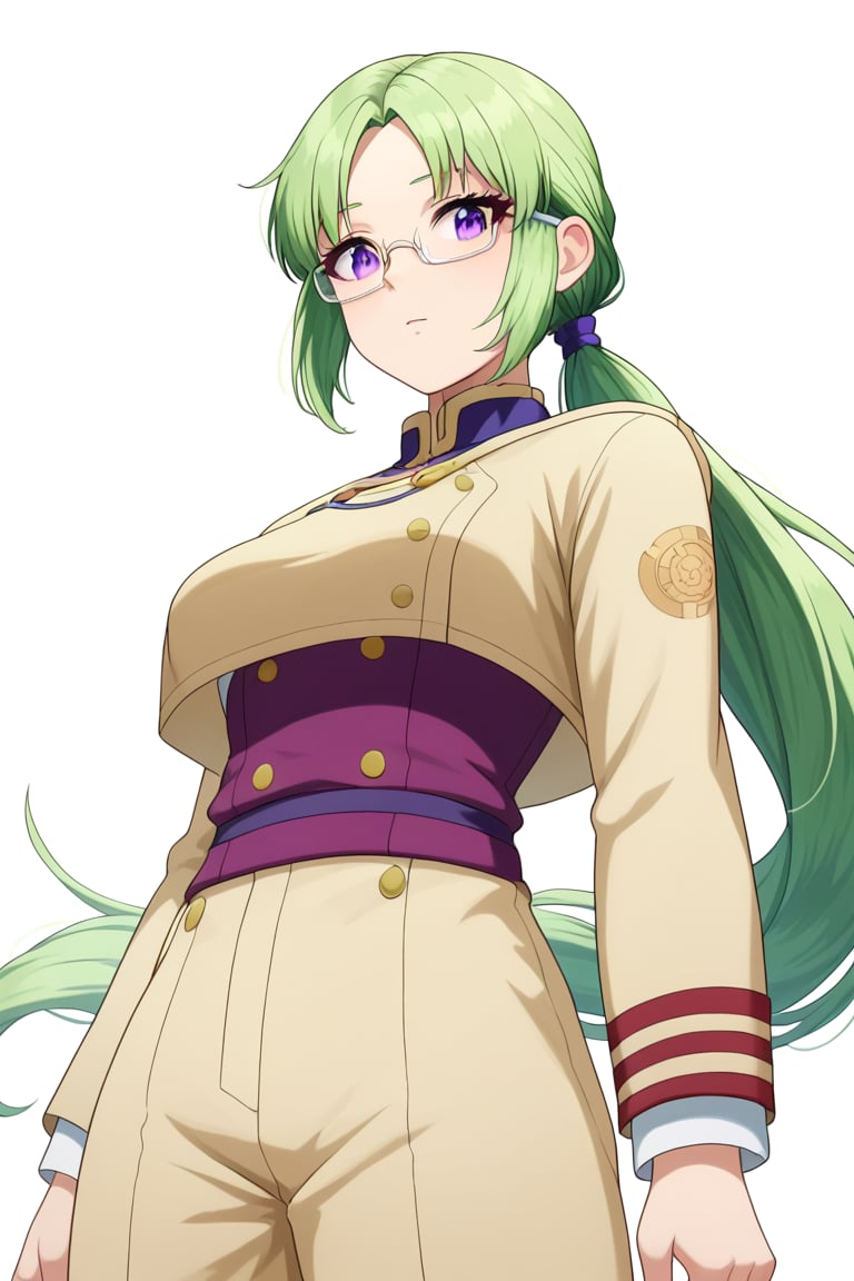 , score_9, score_8_up, score_7_up, slimes_letoile, woman,, glasses, purple eyes, green hair girl, long hair, low ponytail, 1girl, ((bangs parted from center,  parted_bangs)),  ,
 
, COWBOY SHOT,


,Letoile is a bespectacled young woman of below average height with purple eyes and long, green hair tied in a ponytail. She is usually seen wearing the Golden Dawn's squad robes., 




 ,(( white background, blank background))