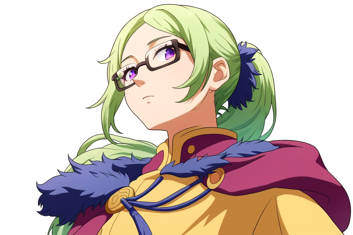 , score_9, score_8_up, score_7_up, slimes_letoile, woman,, glasses, purple eyes, green hair girl, long hair, low ponytail, 1girl, ((bangs parted from center,  parted_bangs)),  ,
 
, COWBOY SHOT,


,Letoile is a bespectacled young woman of below average height with purple eyes and long, green hair tied in a ponytail. She is usually seen wearing the Golden Dawn's squad robes., 




 ,(( white background, blank background))