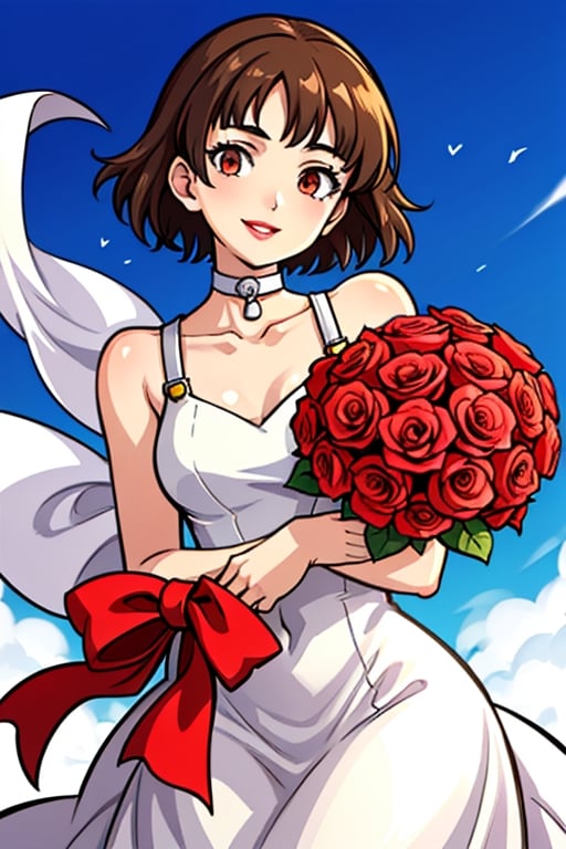 Hight quality, women, solo 1 girl, wedding dress, white dress, brown hair, smile, looking at the viewer, niijimamakoto, holding bouquet of red roses, roses red, short hair, background: bright sky, red lips