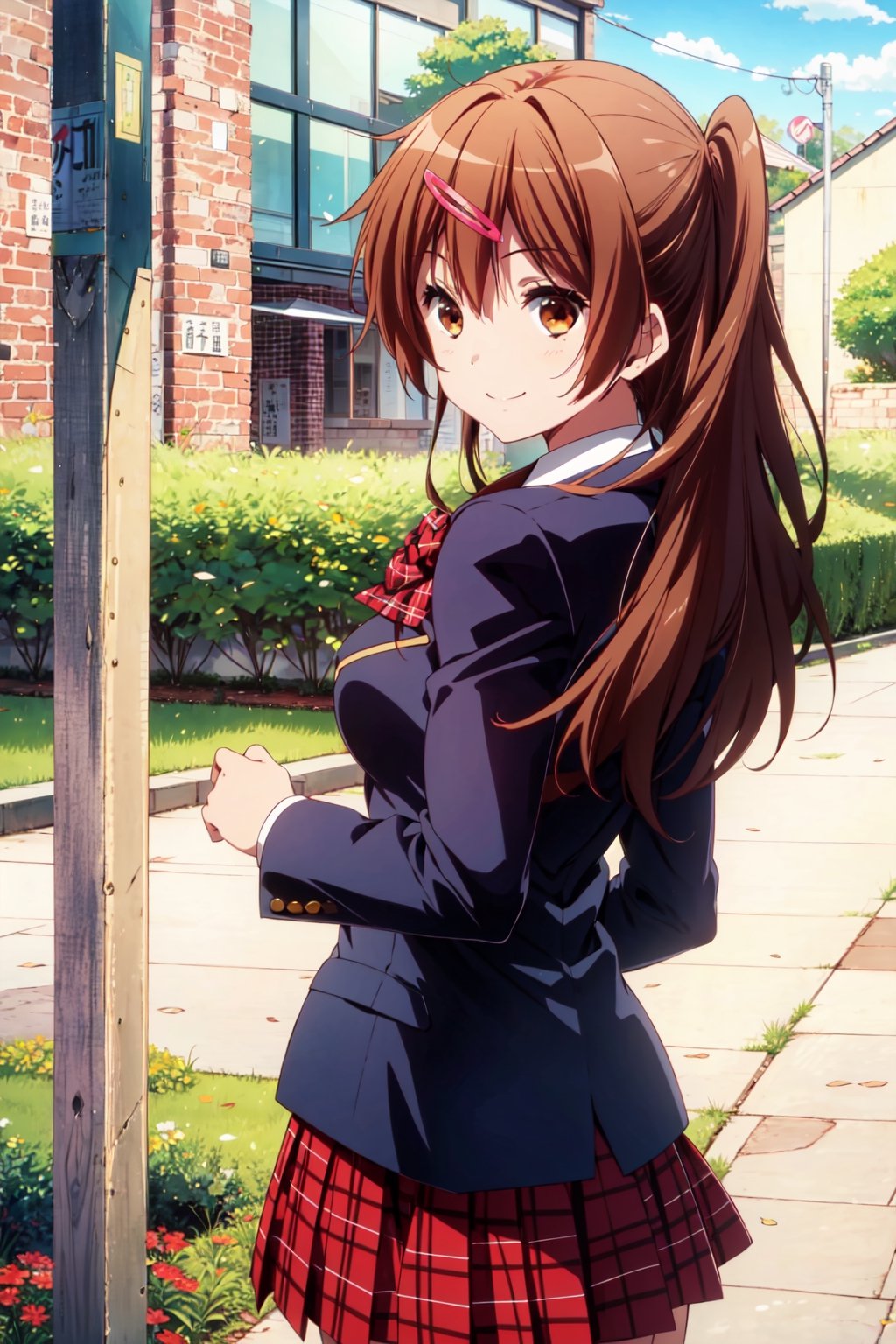 1girl, solo, , shinka nibutani, school uniform, blazer, red plaid skirt , smile,  school, shinka nibutani,1 girl, nijistyle, Looking back, wind blown hair, masterpiece, ,school railings,kyoushitsu, ,pastelbg