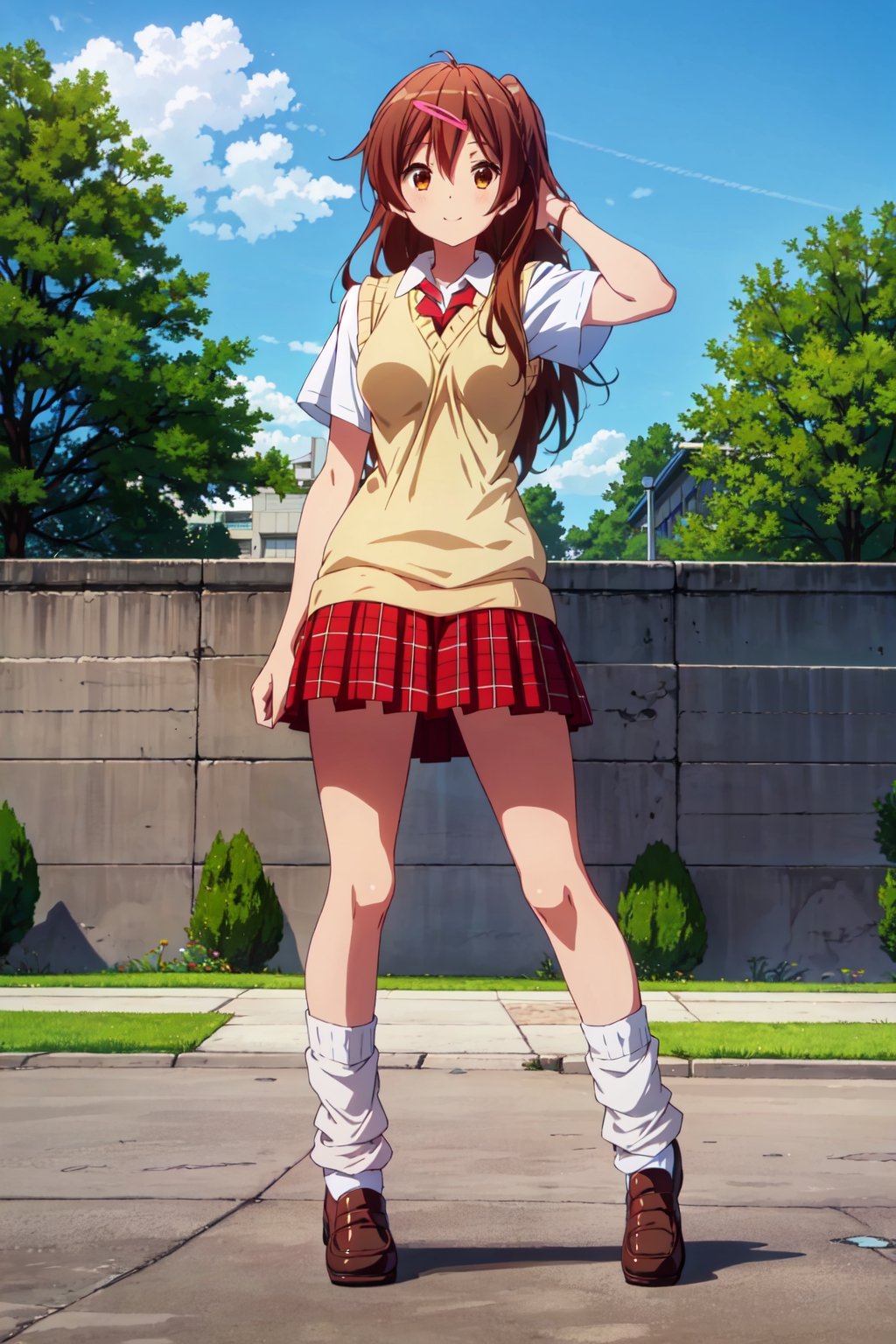 1girl, solo, shinka nibutani, hair flip, flowing hair ,medium breasts, icho private high school uniform, short sleeves shirt,  sweater vest, red plaid skirt , nijistyle, masterpiece, smile, looking at viewer, contrapposto, half side-view, full body view, outdoor, clear sky, loose_socks, loafers,