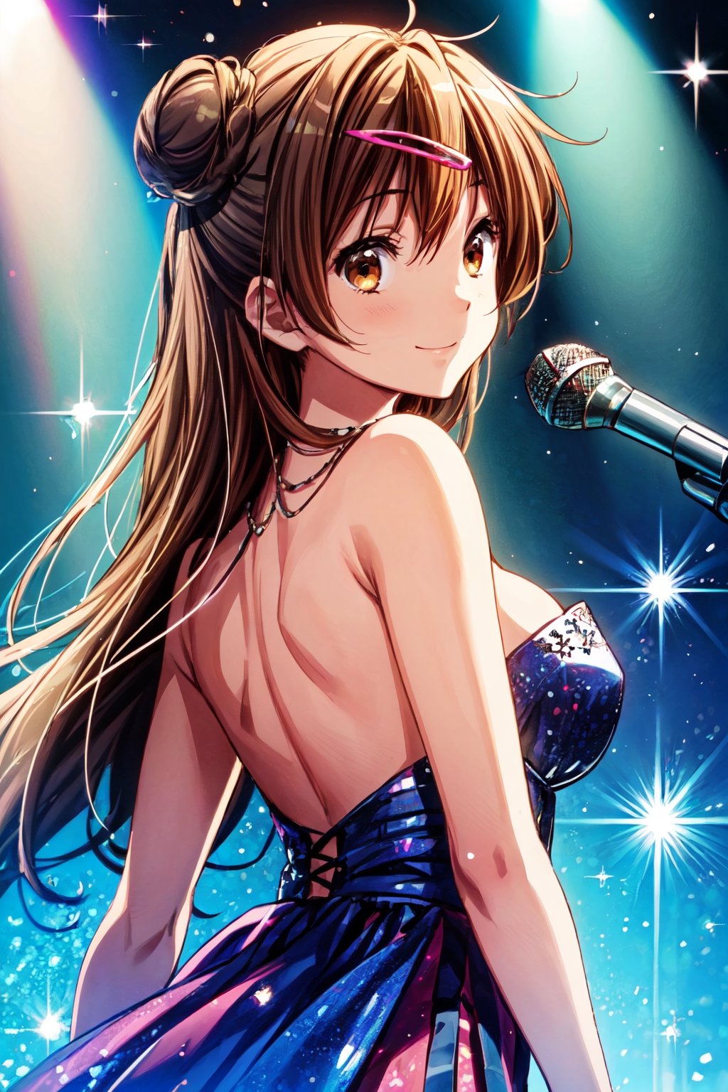 1girl, solo, brown eyes, shinka nibutani, single hair bun, flowing long hair, extremely detailed and delicate anime face and eyes,  {detailed clothing}, {Bright Eyes}, {accessories}, Better Hands, nijistyle, Masterpiece,  medium breasts, {blue colors lace layered strapless  evening gown}, Off the shoulders, Half exposed breasts, necklace ,  Idol,  Look back to the left or look back to the right, beautiful back, looking at viewer,  stage,  holding microphone, smile, singing performance, glitter,1 girl,shinka nibutani,aashinka