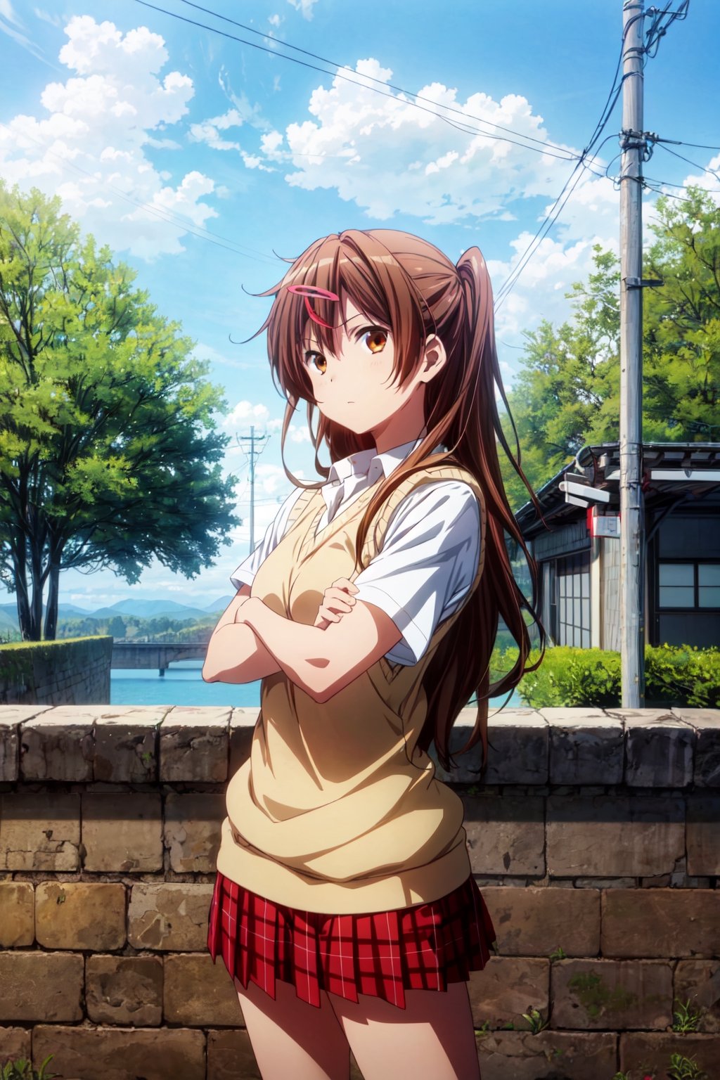 1girl, solo, shinka nibutani, flowing hair ,medium breasts, icho private high school uniform, short sleeves shirt,  sweater vest, red plaid skirt , nijistyle, masterpiece, :s, looking at viewer, contrapposto, half side-view, crossed arms outdoor, clear sky,