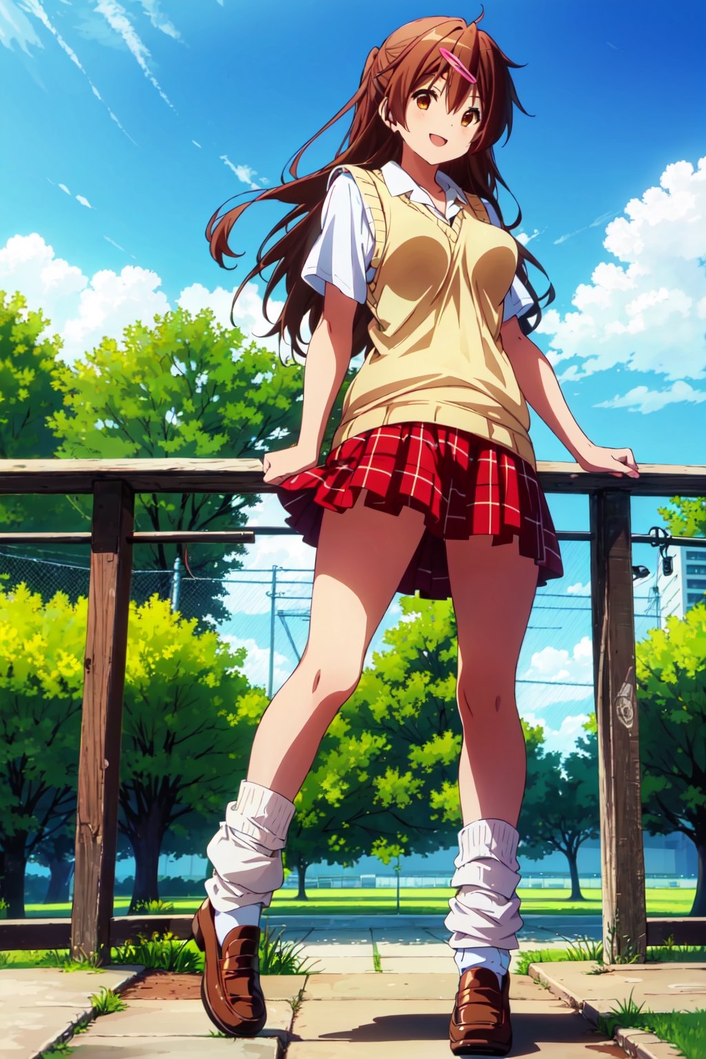 1girl, solo, shinka nibutani, hair flip, flowing hair ,medium breasts, icho private high school uniform, short sleeves shirt,  sweater vest, red plaid skirt , nijistyle, masterpiece,  big smile, looking at viewer, contrapposto, half side-view, full body view, outdoor, clear sky, loafers,socks,