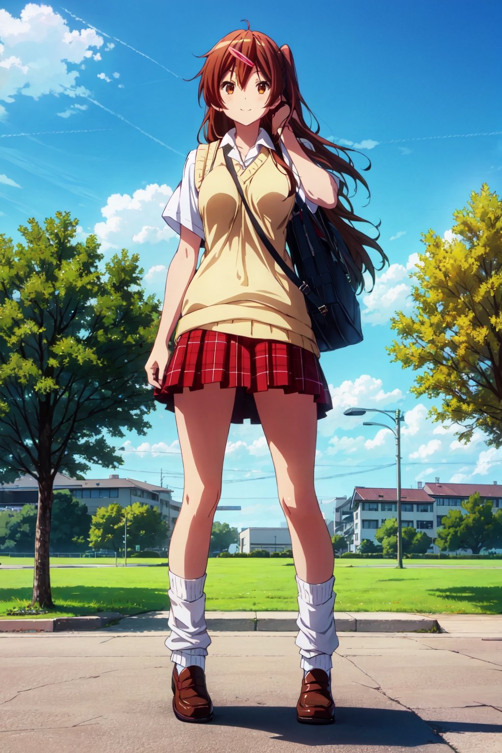 1girl, solo, shinka nibutani, hair flip, flowing hair ,medium breasts, icho private high school uniform, short sleeves shirt,  sweater vest, red plaid skirt , nijistyle, masterpiece, smile, looking at viewer, contrapposto, half side-view, full body view, outdoor, clear sky, loose_socks, loafers, bag,