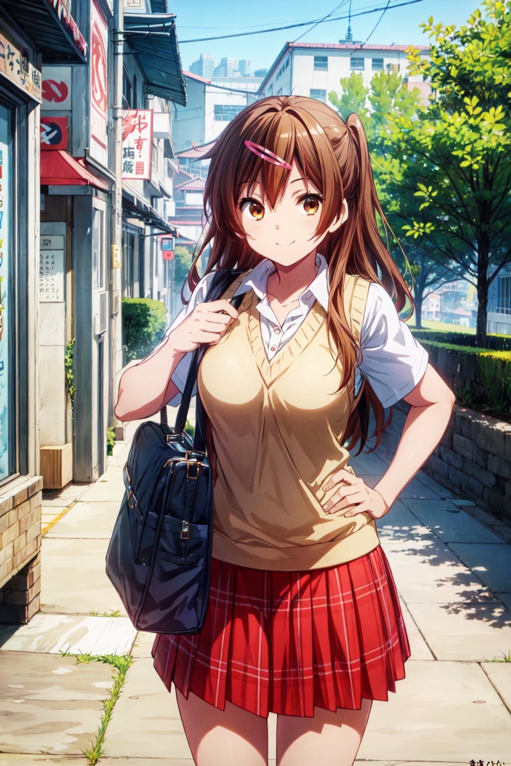 1girl, solo, shinka nibutani ,medium breasts, icho private high school uniform, white short sleeves shirt,  sweater vest, red plaid skirt, {only one schoolbag}, nijistyle, masterpiece, happy smile, looking at viewer, hand on chest, cowboy shot, beautiful city, outdoor, day, 