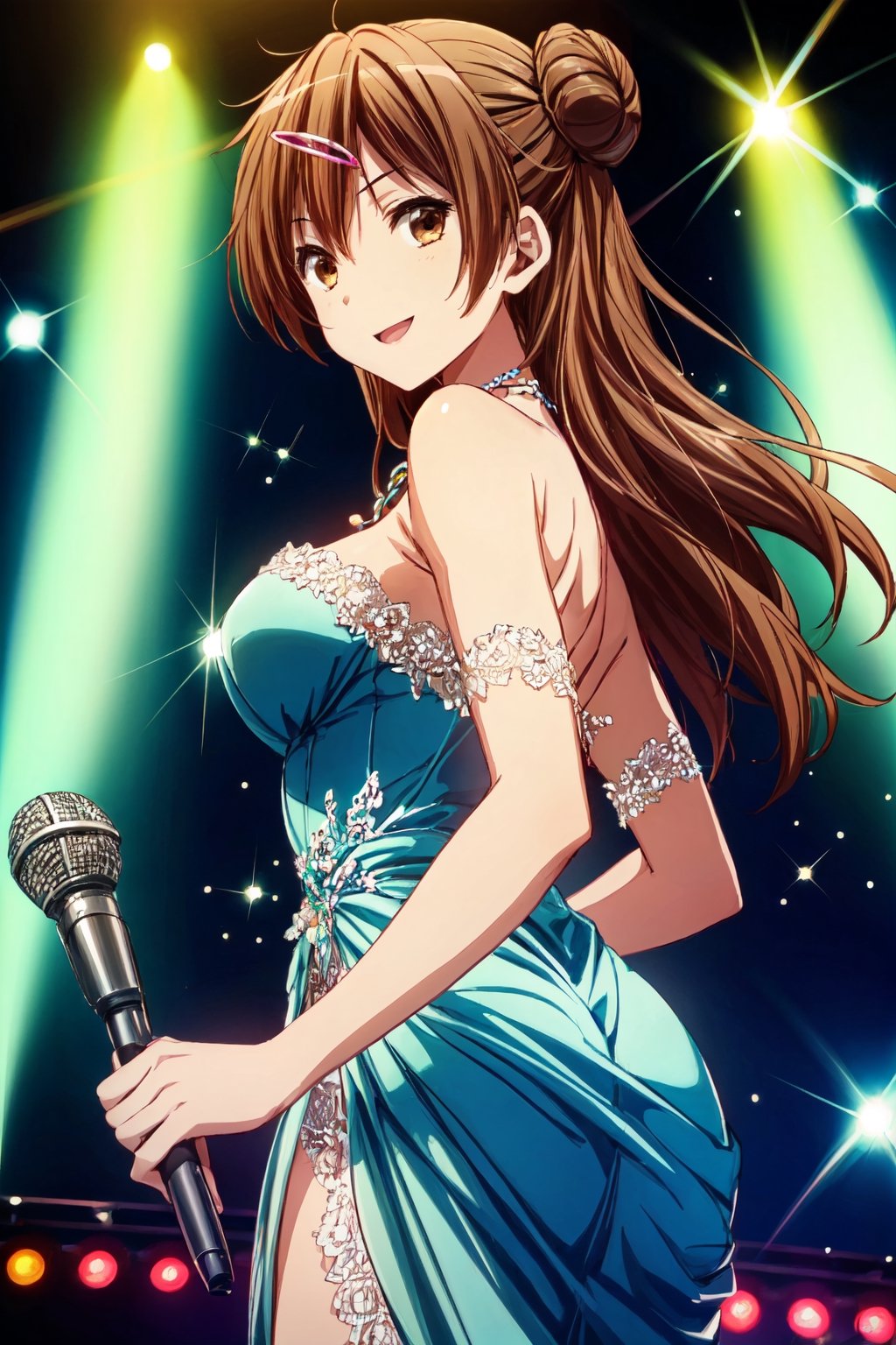 1girl, solo, brown eyes, shinka nibutani, single hair bun, flowing long hair, extremely detailed and delicate anime face and eyes,  {detailed clothing}, {Bright Eyes}, {accessories}, Better Hands, nijistyle, Masterpiece,  medium breasts, {blue colors lace layered strapless  evening gown}, Off the shoulders, Half exposed breasts, necklace ,  Idol,  Look back to the left or look back to the right, beautiful back, looking at viewer,  stage,  holding microphone, smile, singing performance, glitter,1 girl,shinka nibutani,aashinka