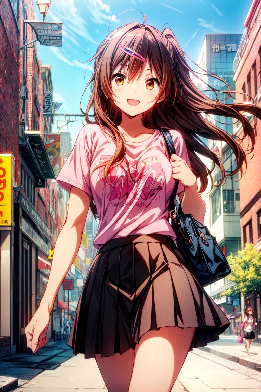 1girl, solo, shinka nibutani, flowing hair, brown hair, brown eyes, medium breasts, (pink t-shirt), (black skirt), pleated skirt, masterpiece, one stylish bag, happy smile, looking at viewer, cowboy shot, outdoor, in a fashion and luxurious downtown, day,