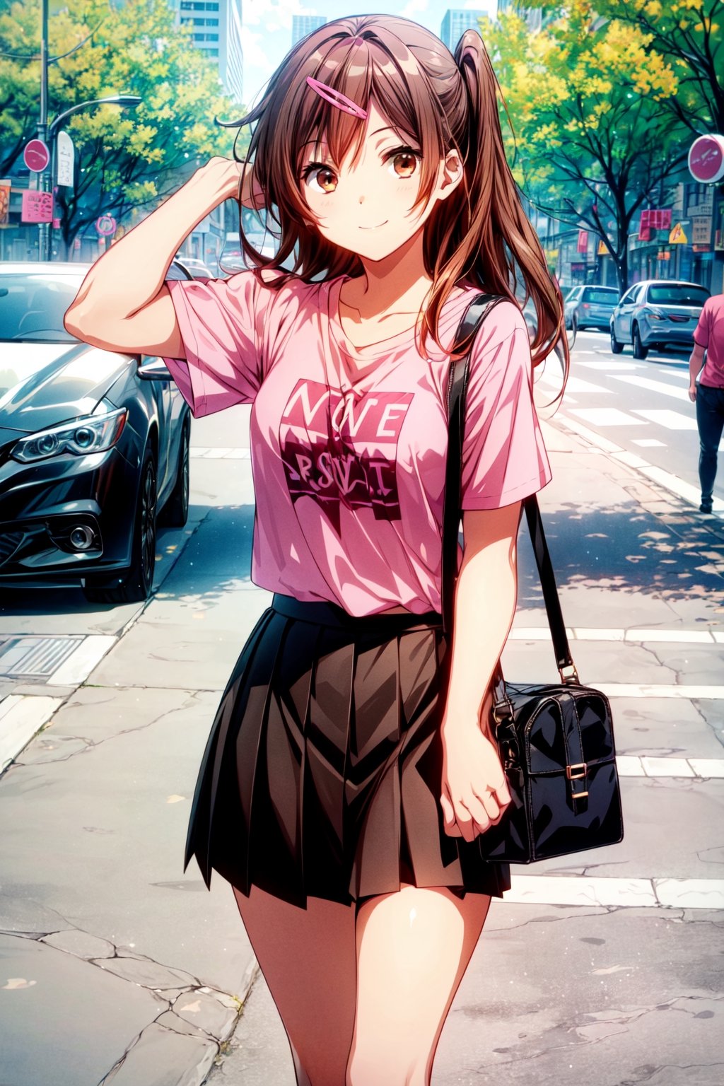 1girl, solo, shinka nibutani, flowing hair, brown hair, brown eyes, medium breasts, (pink t-shirt), (black skirt), pleated skirt, masterpiece, one stylish bag, happy smile, looking at viewer, cowboy shot, outdoor, in a fashion and luxurious downtown, day,