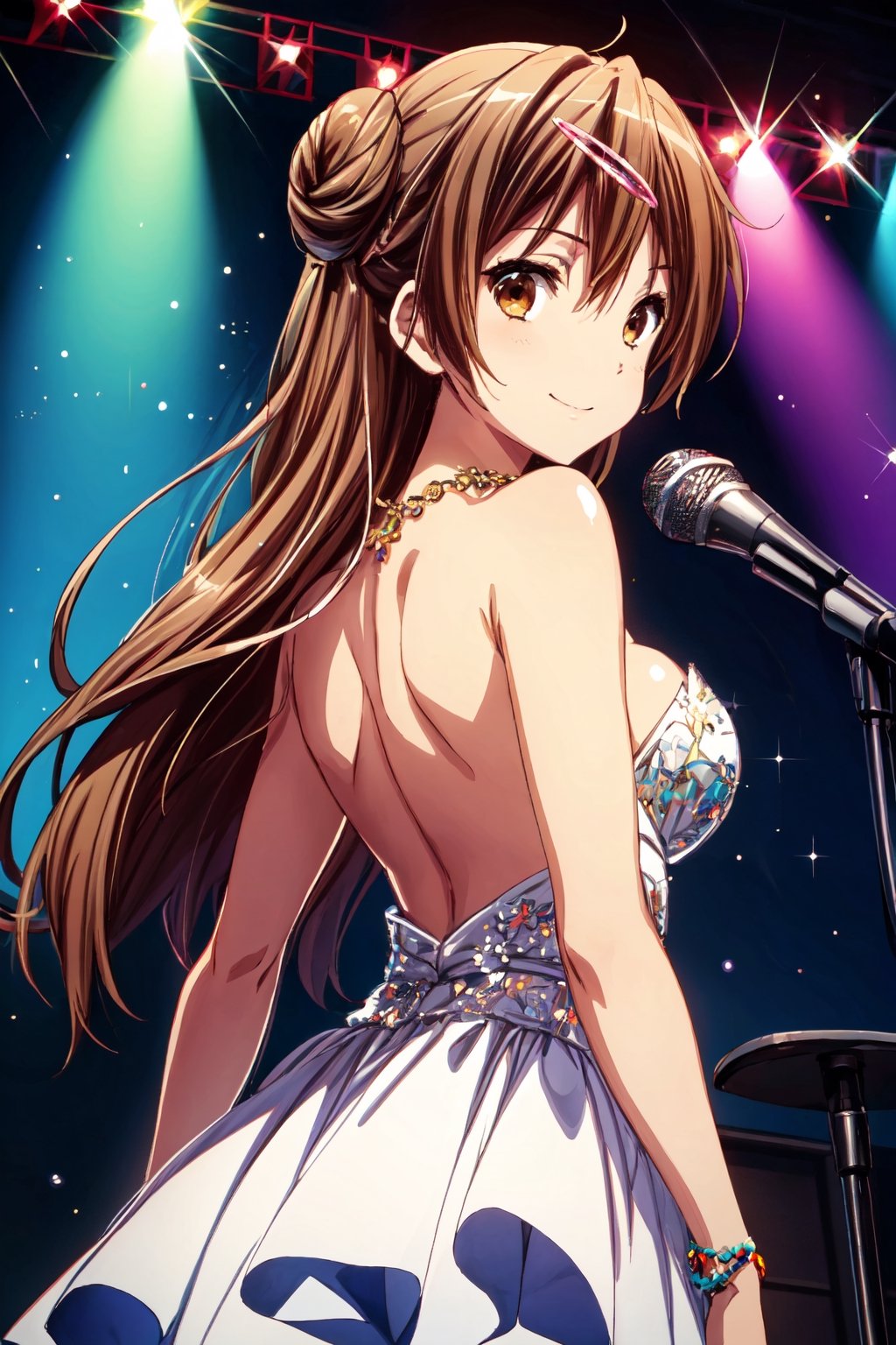 1girl, solo, brown eyes, shinka nibutani, single hair bun, flowing long hair, extremely detailed and delicate anime face and eyes,  {detailed clothing}, {Bright Eyes}, {accessories}, Better Hands, nijistyle, Masterpiece,  medium breasts, {blue colors lace layered strapless  evening gown}, Off the shoulders, Half exposed breasts, necklace ,  Idol,  Look back to the left or look back to the right, beautiful back, looking at viewer,  stage,  holding microphone, smile, singing performance, glitter,1 girl,shinka nibutani,aashinka