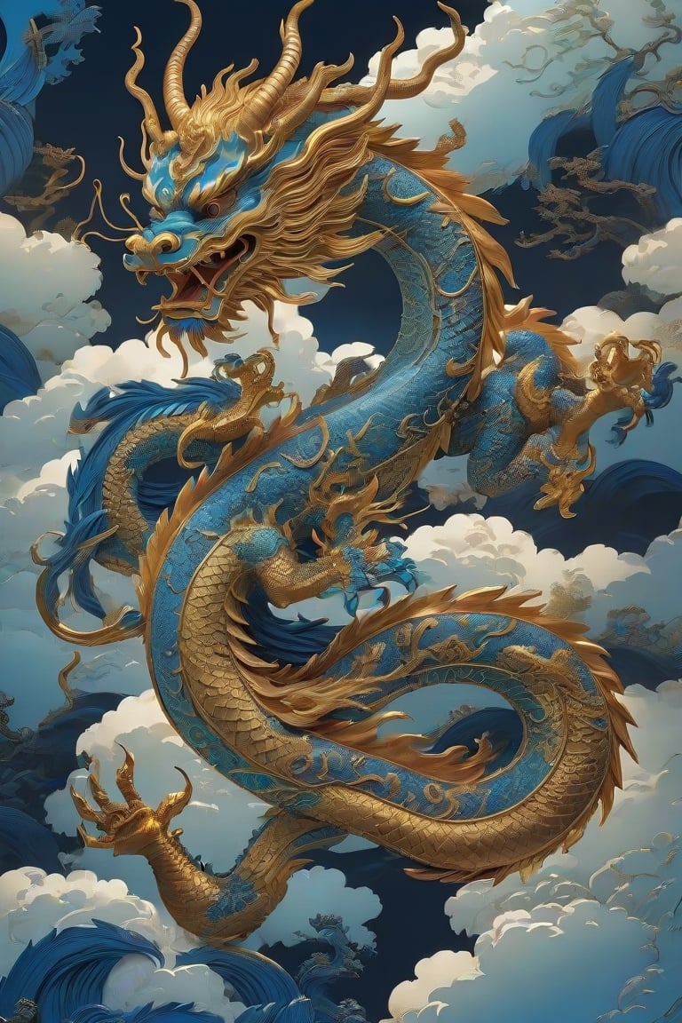 simple background, no humans, blue background, 
one chinese Dragon , statue, best quality, masterpiece, realistic, majestic theme, sun behind,leonardo,comic book, 