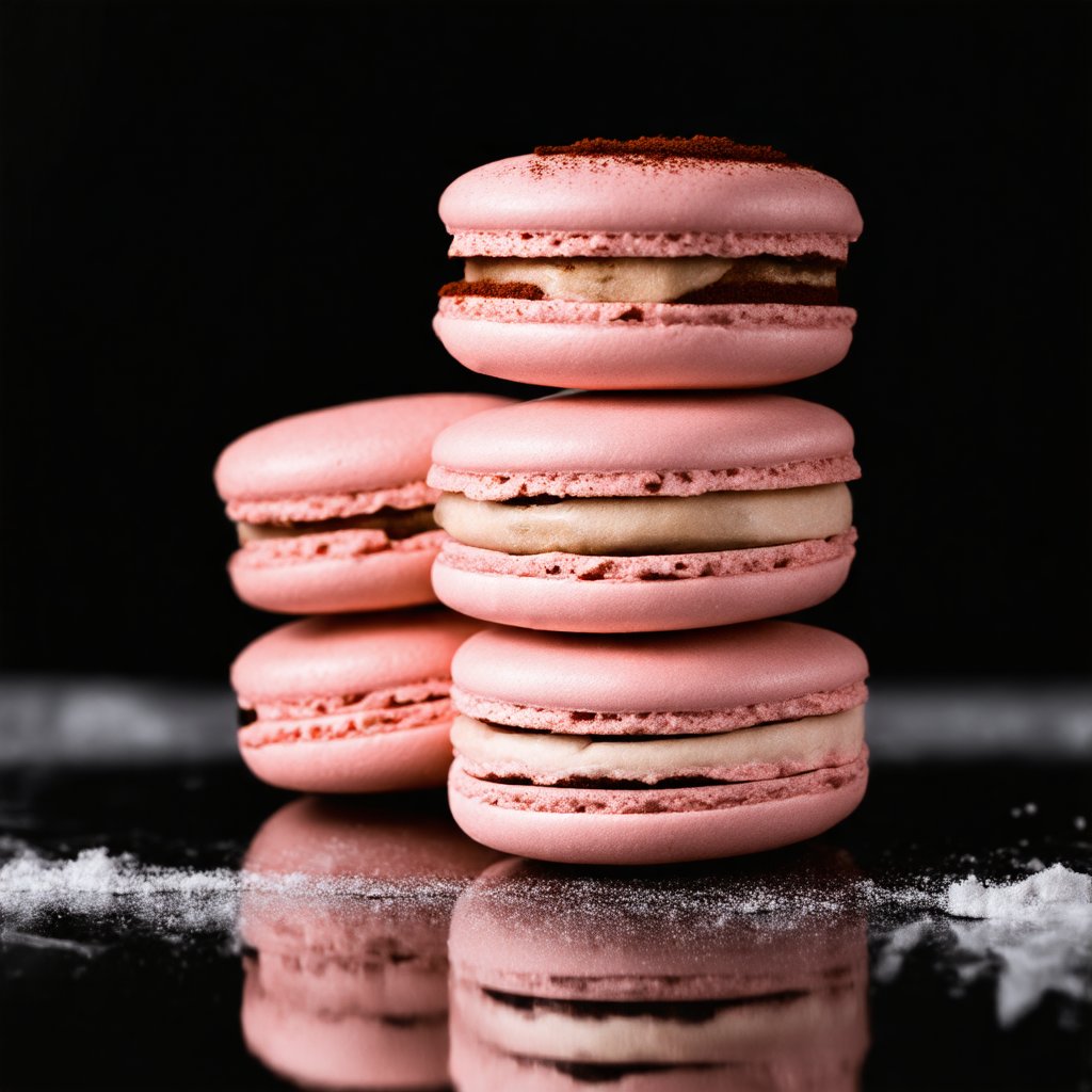 The image showcases a stack of pink macaron,The macaron are arranged in a vertical column, The macaron have a textured surface with a series of ridges with a light dusting of cocoa or powdered sugar on top. The stack is set against a dark, possibly black, background which accentuates the rich colors of the macaron. The lighting is soft and focused on the macaron, creating a moody and appetizing atmosphere. The reflection on the surface beneath the stack suggests a glossy or polished surface, possibly a countertop or a marble slab.