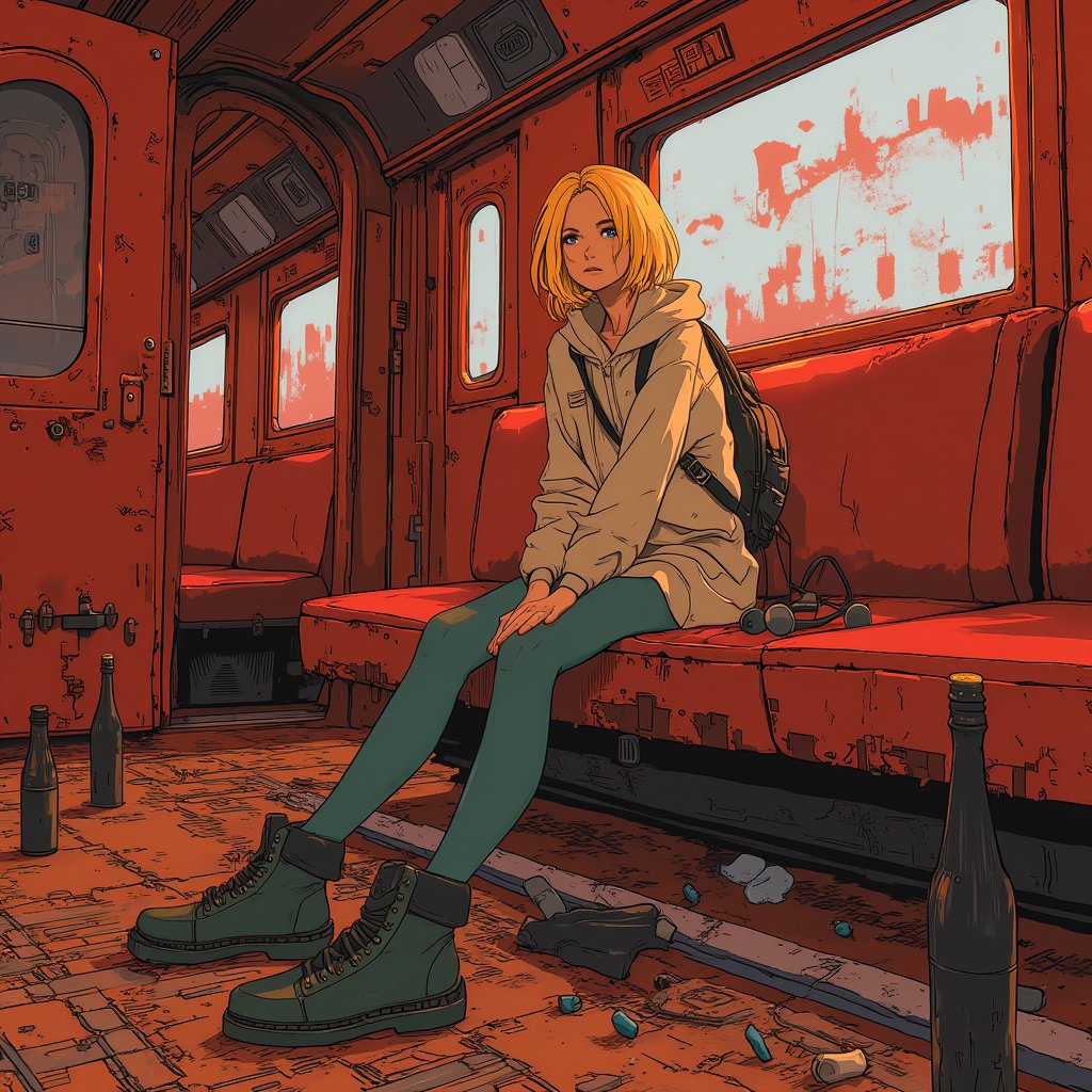 Anime style by Masamune Shirow. A blonde woman, sitting on train, red interior, rust, garbage on the floor, broken bottles.  She wear a backpack and hicking boots.