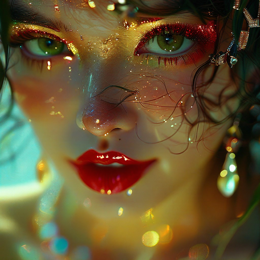 A lone girl's portrait, reminiscent of vintage anime, with a cascading waterfall-like mane framing her striking features against a warm, golden-lit background. Her piercing green eyes, set on a subtle gaze, highlight her delicate necklace and earrings, emphasizing her luscious lashes and soft eyeshadow. A sultry smile, painted with deep red lips, beckons the viewer in, as Retro_Style high-res details and nostalgic charm envelop the scene.