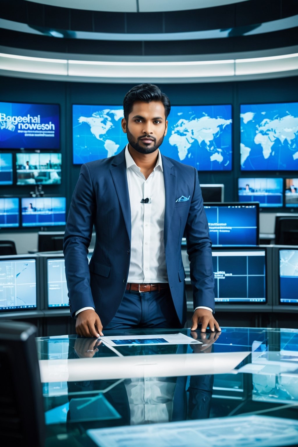 "Create a visually engaging image depicting  young male news presenters in an newsroom setting and he is looking at the  in his front camera. The scene should capture the essence of professionalism, diversity, and collaboration. presenter should be dressed in appropriate attire for a news broadcast, and the background should feature elements suggestive of a modern newsroom environment. Ensure that the image reflects cultural sensitivity and authenticity, highlighting the cultural of  Bangladesh."