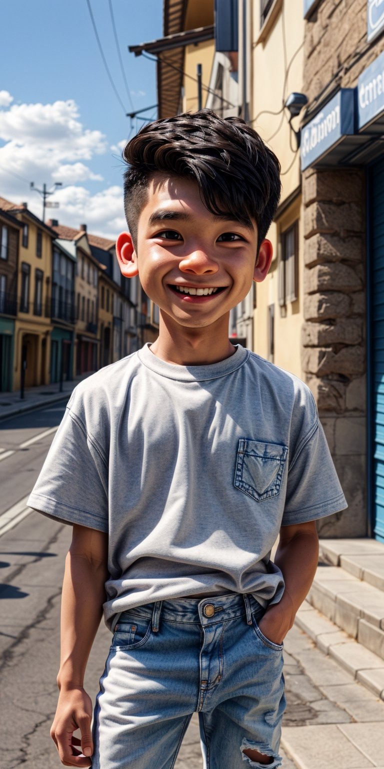 Master's Masterpiece looking_at_camera, :), Smiley Face, Cute Chibi 1boy Figure, Stylish Clothing, White Short T, Dark Blue Jeans, Artificial Eagle Hairstyle, Innocent 4k, Aesthetics, Blue Sky, Natural Light, Daytime, Clouds, Street Background, FHD, Chibi 1boy, 1boy, one_boy, ONE_BOY, SAM YANG, 3DMM, Chibi, detailed_background