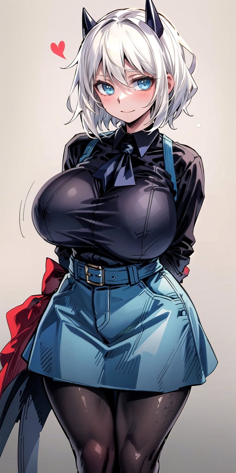 masterpiece, best quality, (solo:1.3),(gigantic_breast:1.1), (arms behind back :1.1),1girl, solo,blonde_hair, pantyhose, denim vest, open vest, black pantyhose, black shirt, denim skirt, striped long sleeves, blue skirt,short_hair