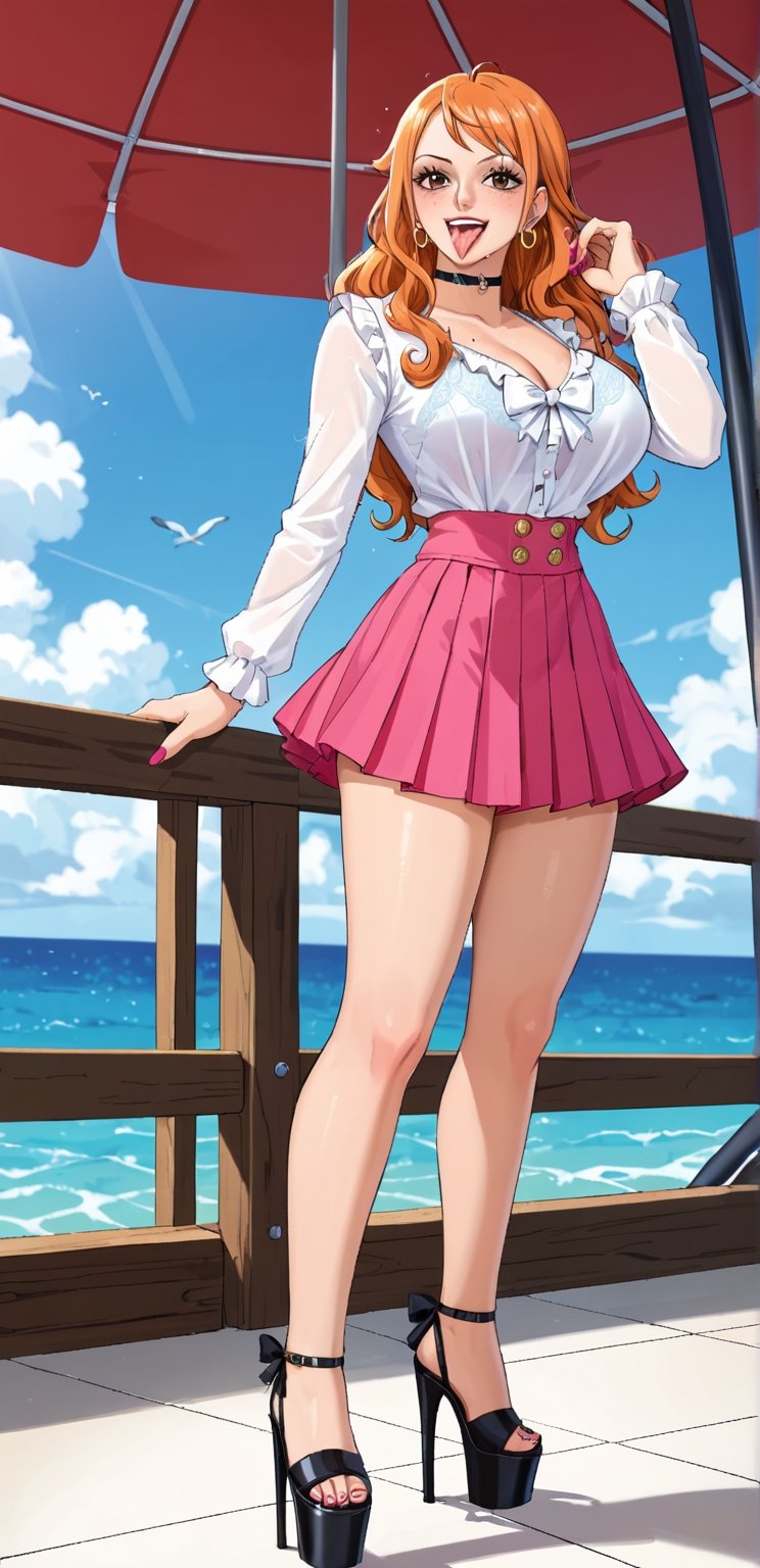 score_9, score_8_up, score_7_up, score_6_up, score_anime_up, source_onepiece_anime, looks side, looking at another, trembling, curly hair, beautiful big round breasts, front view, (skinny), ((pink pencilskirt)), ((longsleeve dressshirt with lace lingerie underneath)), (kneeling/wariza, spreading legs open, sticking out tongue:.7), (dark heavy makeup), (nose ring piercing), piercings, ((extreme ahegao)), stockings, tongue drooling saliva, (platform heels), choker, anal toy plug, pussy vibrator, (pov_face focus:.8). BREAK Nami, nsfw, short, dynamic nighttime lighting, vibrant colors, (dynamic pose), (Action shot), ((see-through outfit; green/white bikini, logport at the wrist, microskirt, Belt, sandals, nami's outfit:.7)), selfi, Thousand Sunny, freckles, (multiple views scenery Deck from front), (Thousand sunny focus:-0.5), (Thousand sunny focus:0.5),

*Character_concept: ((create an image of Nami 20years old, a character from the anime and manga series 'One Piece'. orange hair, earrings, long hair, brown eyes, Navigatorin, shoulder tattoo, femininity curves, slim tight waistline, long legs, female, body measurements 98-55-85 D80 1.69m, body shape: Hourglass nami's character:1)).

*Background_concept* ((Create an image of Thousand Sunny ship from 'One Piece' series. can be described as an impressive, sunny yellow pirate ship with a smiling lion's head on the bow. It has several sails in different colors and is equipped with a variety of weapons and technologies. It also has a characteristic ramp on the side called the "soldier dock" Add_more_details:1)).

(dress-rosastyle_2_offset:.7).