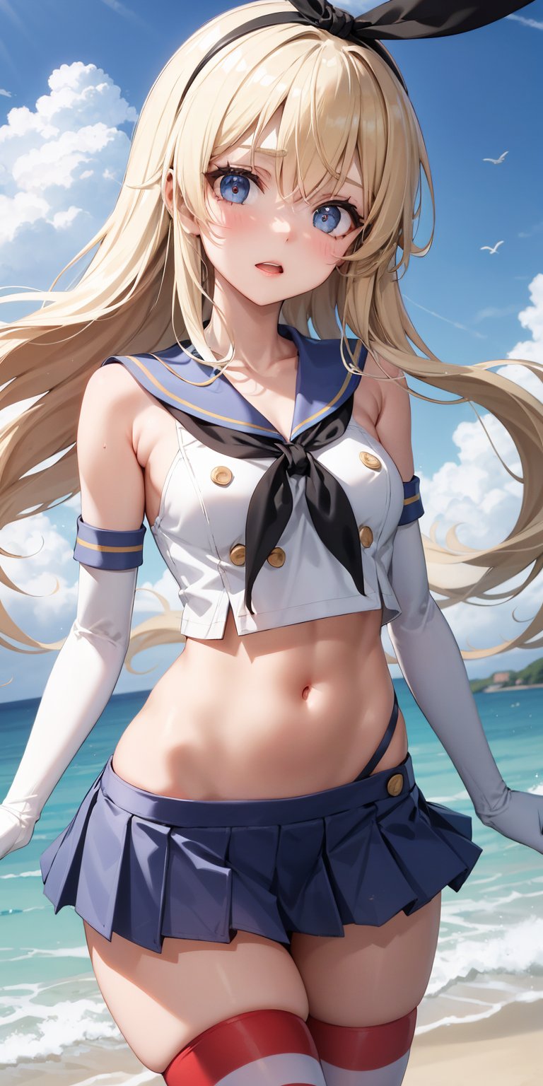 masterpiece, best quality, highres, skancolle, grey eyes, hairband, blonde hair, serafuku, neckerchief, crop top, gloves, elbow gloves, white gloves, navel, blue skirt, thighhighs, striped, striped thighhighs, ocean, clouds, :o, cowboy shot, blonde h