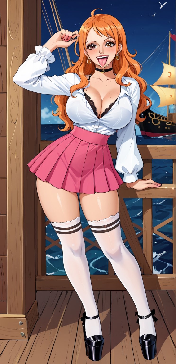 score_9, score_8_up, score_7_up, score_6_up, score_anime_up, source_onepiece_anime, looks side, looking at another, trembling, curly hair, beautiful big round breasts, front view, (skinny), ((pink pencilskirt)), ((longsleeve dressshirt with lace lingerie underneath)), (kneeling/wariza, spreading legs open, sticking out tongue:.7), (dark heavy makeup), (nose ring piercing), piercings, ((extreme ahegao)), stockings, tongue drooling saliva, (platform heels), choker, anal toy plug, pussy vibrator, (pov_face focus:.8). BREAK Nami, nsfw, short, dynamic nighttime lighting, vibrant colors, (dynamic pose), (Action shot), ((see-through outfit; green/white bikini, logport at the wrist, microskirt, Belt, sandals, nami's outfit:.7)), selfi, Thousand Sunny, freckles, (multiple views scenery Deck from front), (Thousand sunny focus:-0.5), (Thousand sunny focus:0.5),

*Character_concept: ((create an image of Nami 20years old, a character from the anime and manga series 'One Piece'. orange hair, earrings, long hair, brown eyes, Navigatorin, shoulder tattoo, femininity curves, slim tight waistline, long legs, female, body measurements 98-55-85 D80 1.69m, body shape: Hourglass nami's character:1)).

*Background_concept* ((Create an image of Thousand Sunny ship from 'One Piece' series. can be described as an impressive, sunny yellow pirate ship with a smiling lion's head on the bow. It has several sails in different colors and is equipped with a variety of weapons and technologies. It also has a characteristic ramp on the side called the "soldier dock" Add_more_details:1)).

(dress-rosastyle_2_offset:.7).