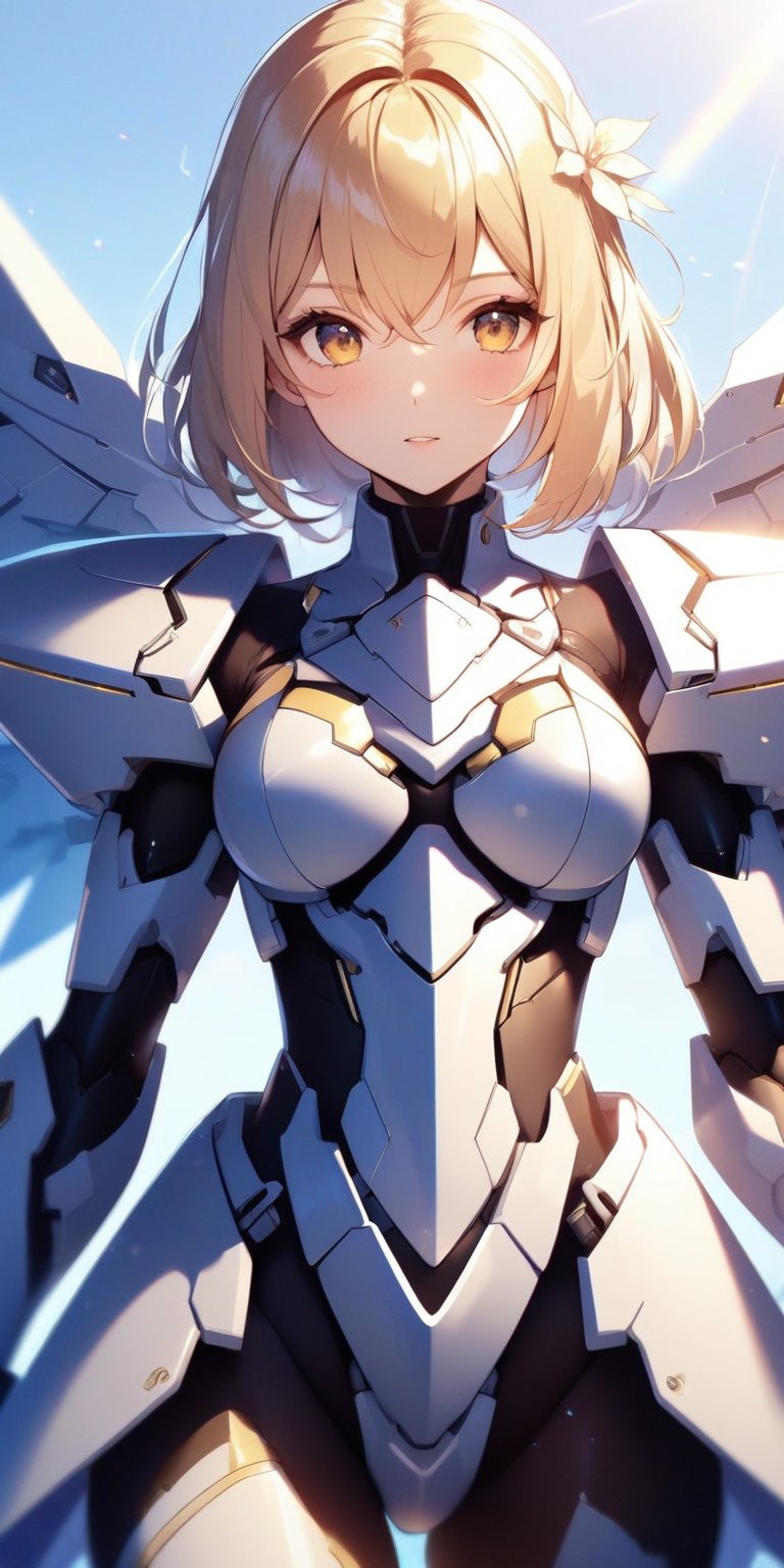  cowboy shot, mecha girl, white armor, angel impact, golden hair, Bing girl, day, sky scape, lens flare