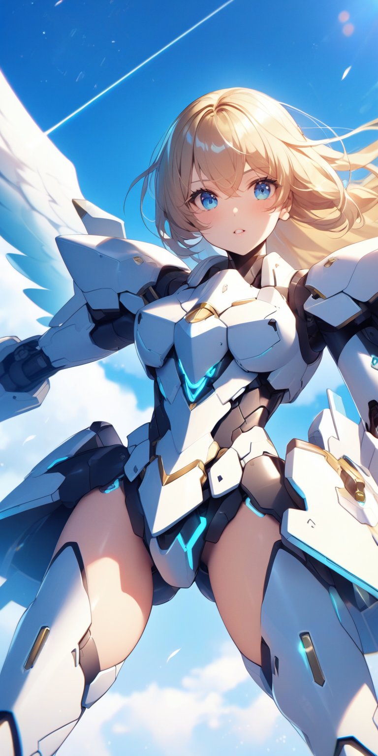  cowboy shot, mecha girl, white armor, angel impact, golden hair, Bing girl, day, sky scape, lens flare