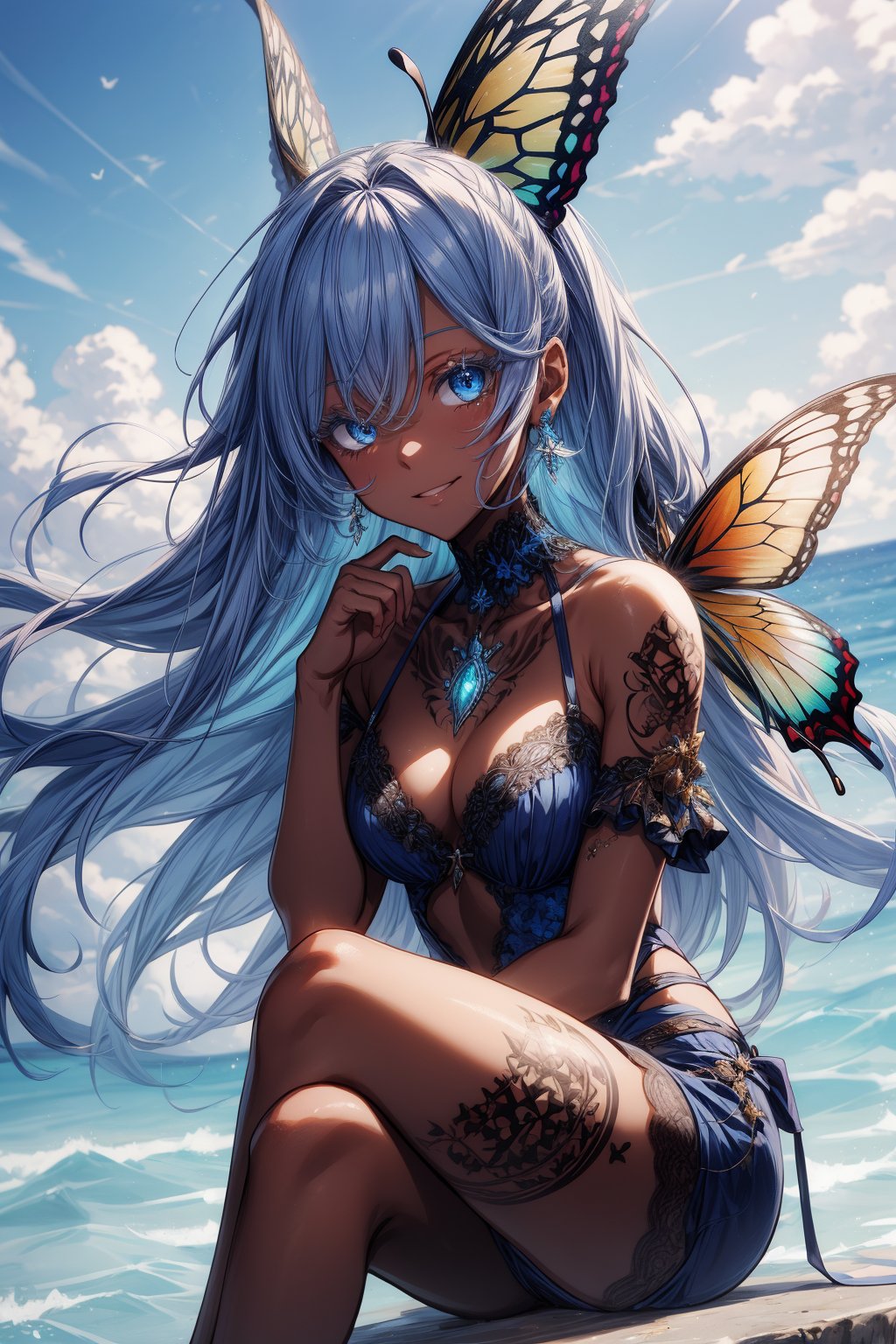 Extremely absurdres, 8k, 4k, detailed, face only, perfect hands, (masterpiece, best quality:1.2), anime, 1girl, short-female, front_view, looking_at_viewer, blue eyes, deep blue hair, high quality, short hair, depth_of_field, outdoor background, ocean background, sitting, hawaiian clothes, antennae, butterfly girl, fairy girl, fairy, dark skin, tan, colored eyelashes, smirk, playful, head tilt, half-lidded eyes,COLORED EYELASHES,(blue eyelashes),blue eyelashes, hands in lap, earring, fluffy hair,dreadlocks, full body tattoo, tribal tattoos