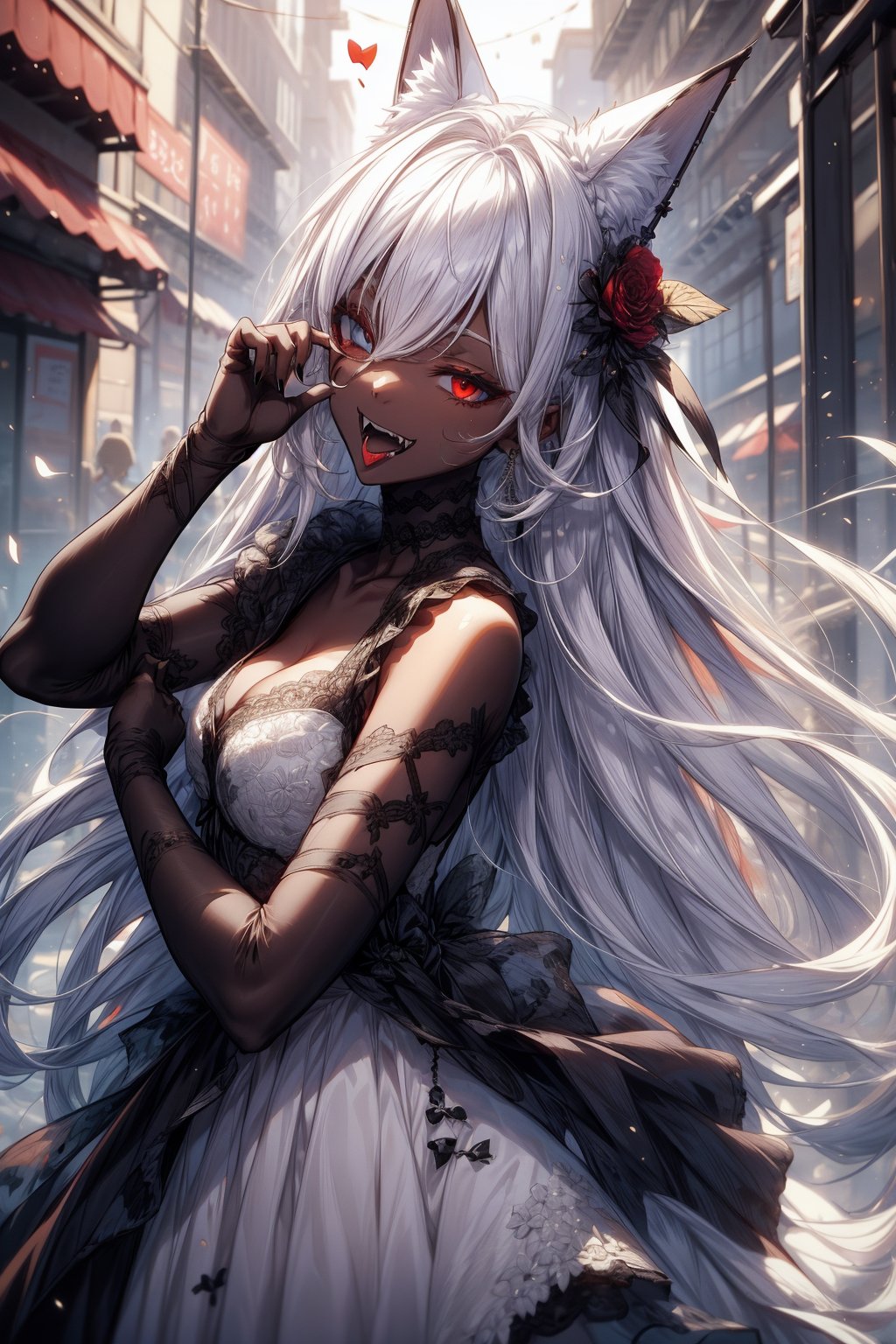 Extremely absurdres, 8k, 4k, detailed, face only, perfect hands, (masterpiece, best quality:1.2), anime, 1girl, short-female, front_view, looking_at_viewer, nice, red eyes eyepatch, white hair, high quality, braided hair, depth_of_field, outdoor background, floral background, wedding dress, tie, fox ears, dark skin, painted nails, tan, colored eyelashes, tongue out. grin, heart shape, playful, bandage, band-aid on face, FANG, head tilt,fangs, tucking hair behind ear, arms wrapped in bandages, winking, one eye closed