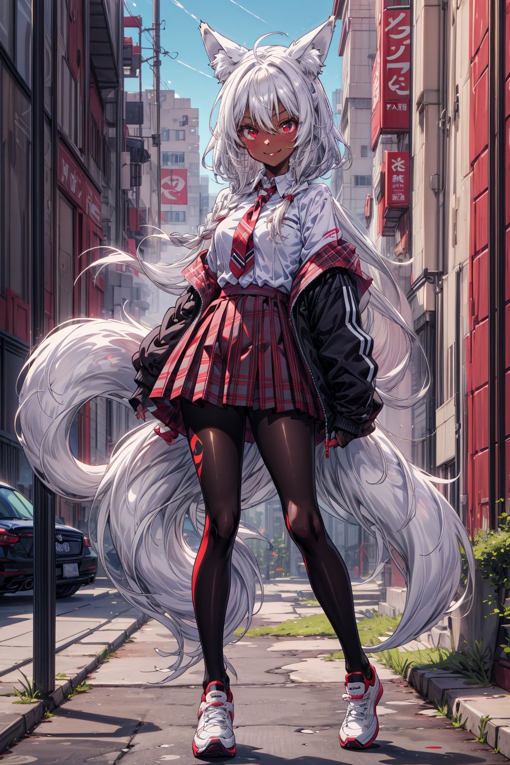 Extremely absurdres, 8k, 4k, detailed, full body portrait, perfect hands, (masterpiece, best quality:1.2), anime, 1girl, tall_female, front_view, smile, looking_at_viewer, nice, red eyes, white hair, high quality, braided hair, depth_of_field, outdoor background, park background, button up shirt, tie, clothes, plaid skirt, uniform, gym shoes, dark skin,tan, 2d art style, anime style, fox ears, fox tail, kitsune