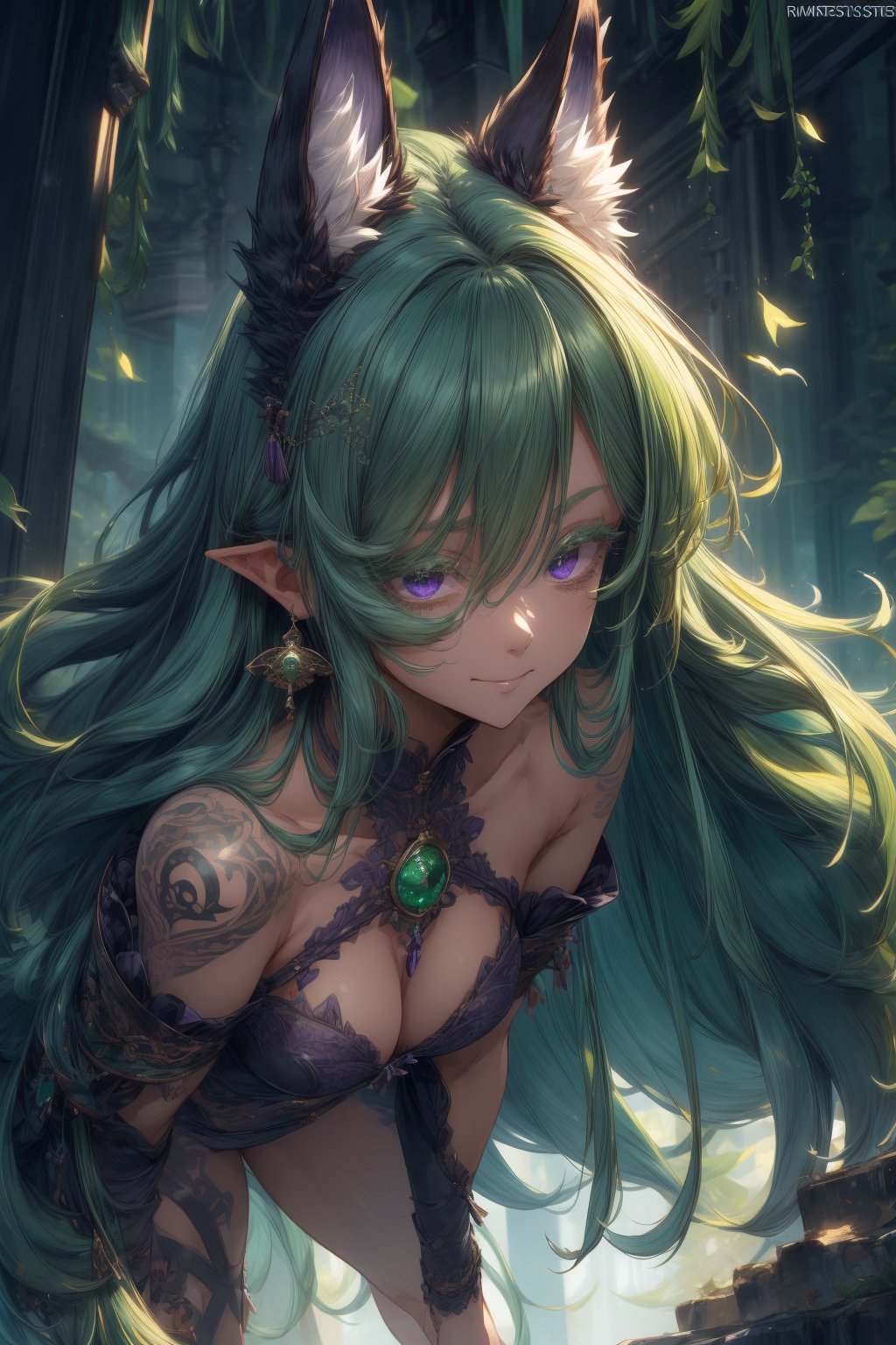 Extremely absurdres, 8k, 4k, detailed, face only, perfect hands, (masterpiece, best quality:1.2), anime, 1girl, short-female, front_view, looking_at_viewer, purple eyes, green hair, high quality, long hair, depth_of_field, abstract background, fantasy clothes, wolf ears, wolf girl, dark skin, tan, colored eyelashes, smirk, playful, head tilt, half-lidded eyes,COLORED EYELASHES,(green eyelashes),green eyelashes, hands folded, earring, fluffy hair, full body tattoo, tribal tattoos, narrow eyes