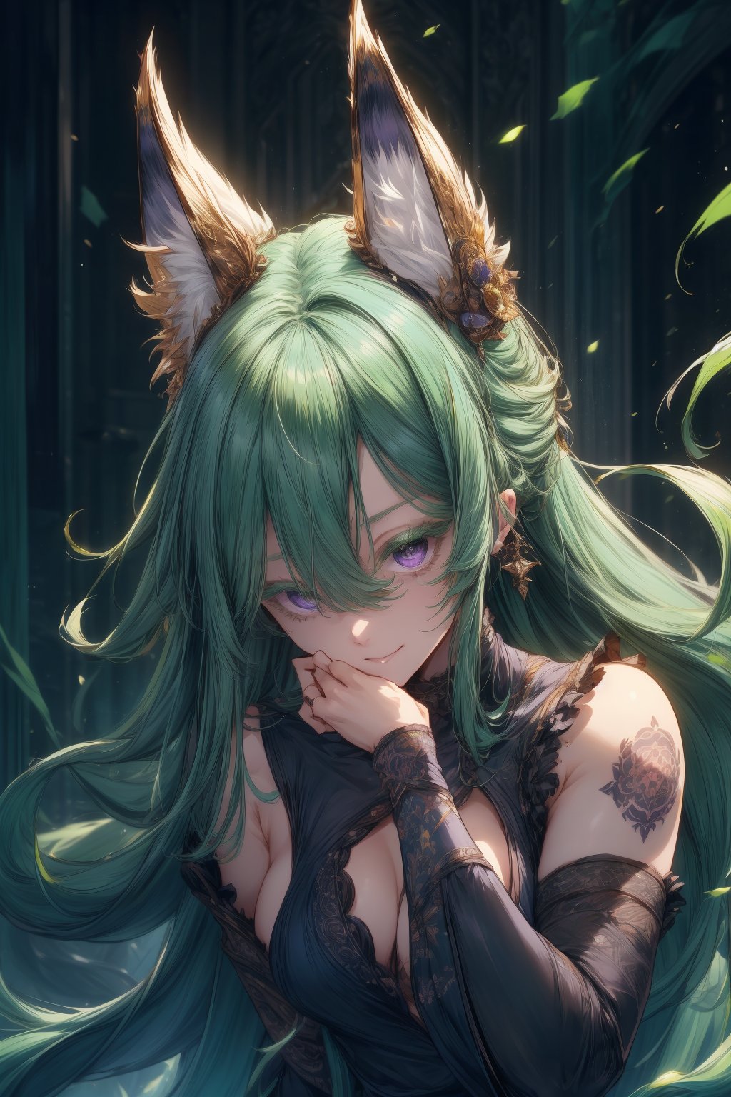 Extremely absurdres, 8k, 4k, detailed, face only, perfect hands, (masterpiece, best quality:1.2), anime, 1girl, short-female, front_view, looking_at_viewer, purple eyes, green hair, high quality, long hair, depth_of_field, abstract background, fantasy clothes, wolf ears, wolf girl, dark skin, tan, colored eyelashes, smirk, playful, head tilt, half-lidded eyes,COLORED EYELASHES,(green eyelashes),green eyelashes, hands folded, earring, fluffy hair, full body tattoo, tribal tattoos, narrow eyes